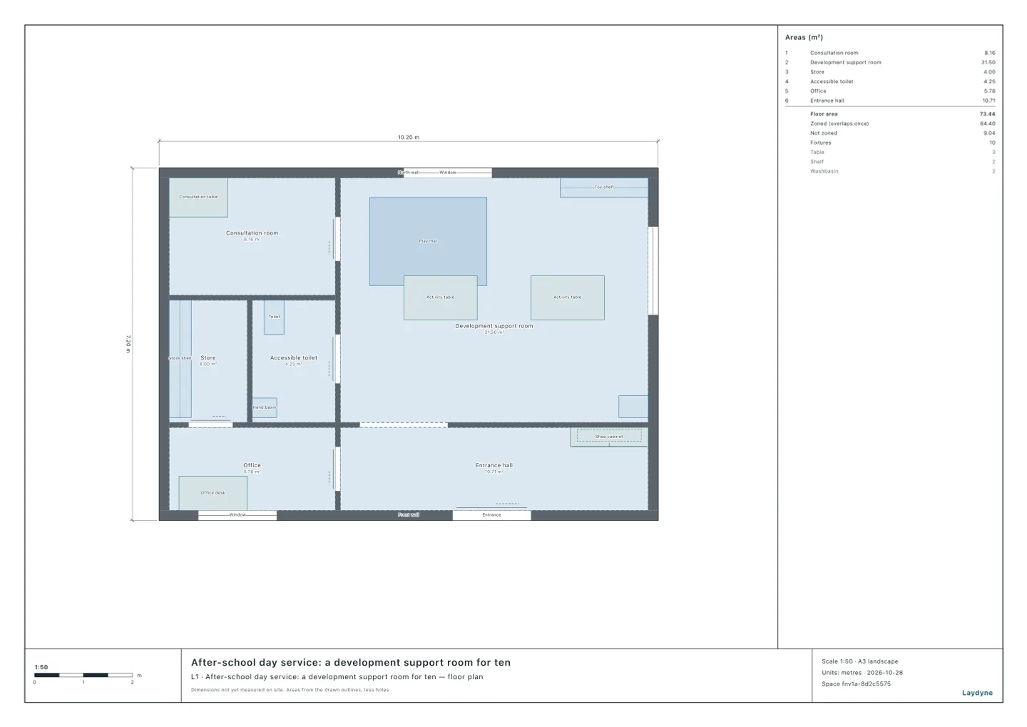Plan of an after-school day service in a tenant of 10.2 × 7.2 m: the development support room of 31.5 m², the entrance hall, the consultation room, the accessible toilet, the store and the office