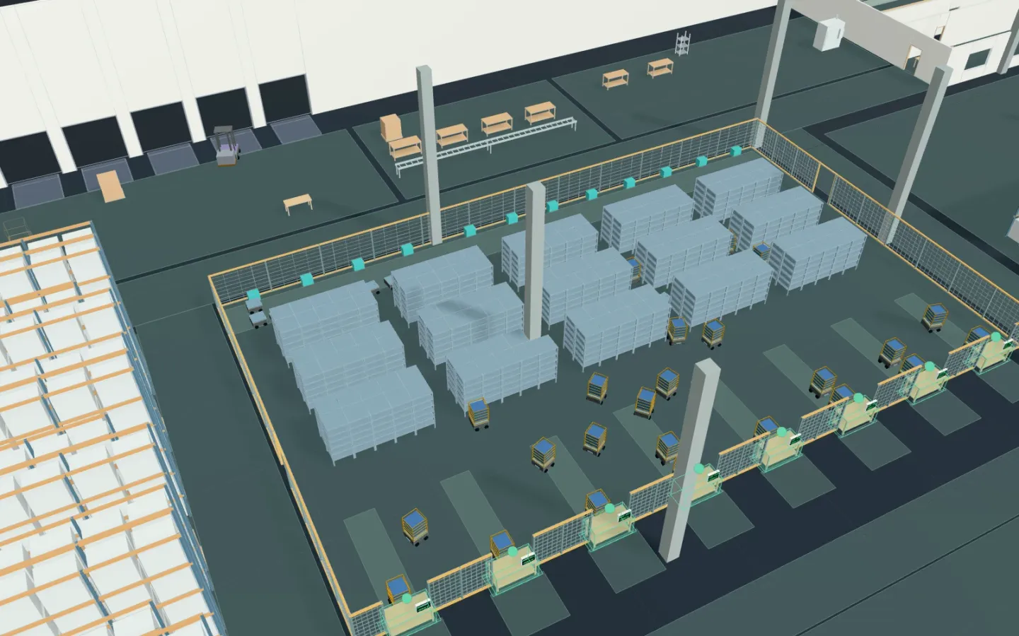 3D view of a warehouse’s robot area, with pods in a fenced grid, yellow drive units carrying them, and goods-to-person stations along the fence in front; pallet racking on the left