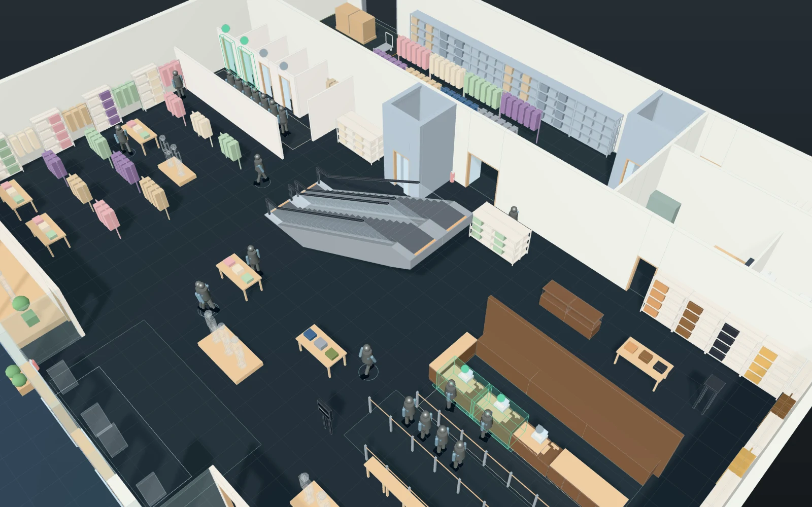 The two-storey apparel store in 3D: the entrance and the new-in tables on the ground floor, the racks on the sales floor, the tills and the fitting rooms at the back, the escalators to the first floor