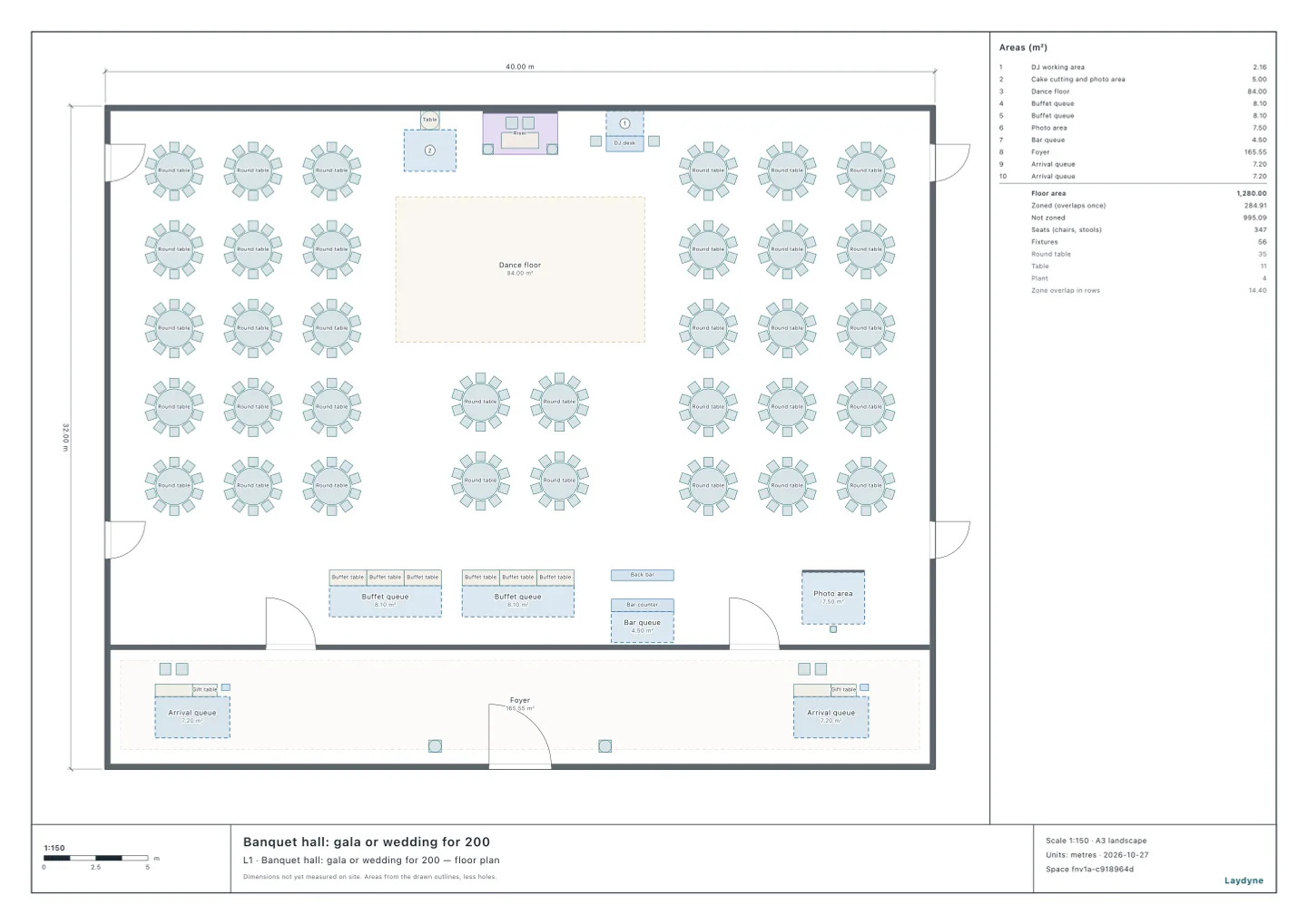 Plan of a banquet hall, with the head table and the DJ to the north, 15 round tables of ten either side of the dance floor in the middle and 4 below it, and the buffet lines, the bar and the photo booth along the south wall