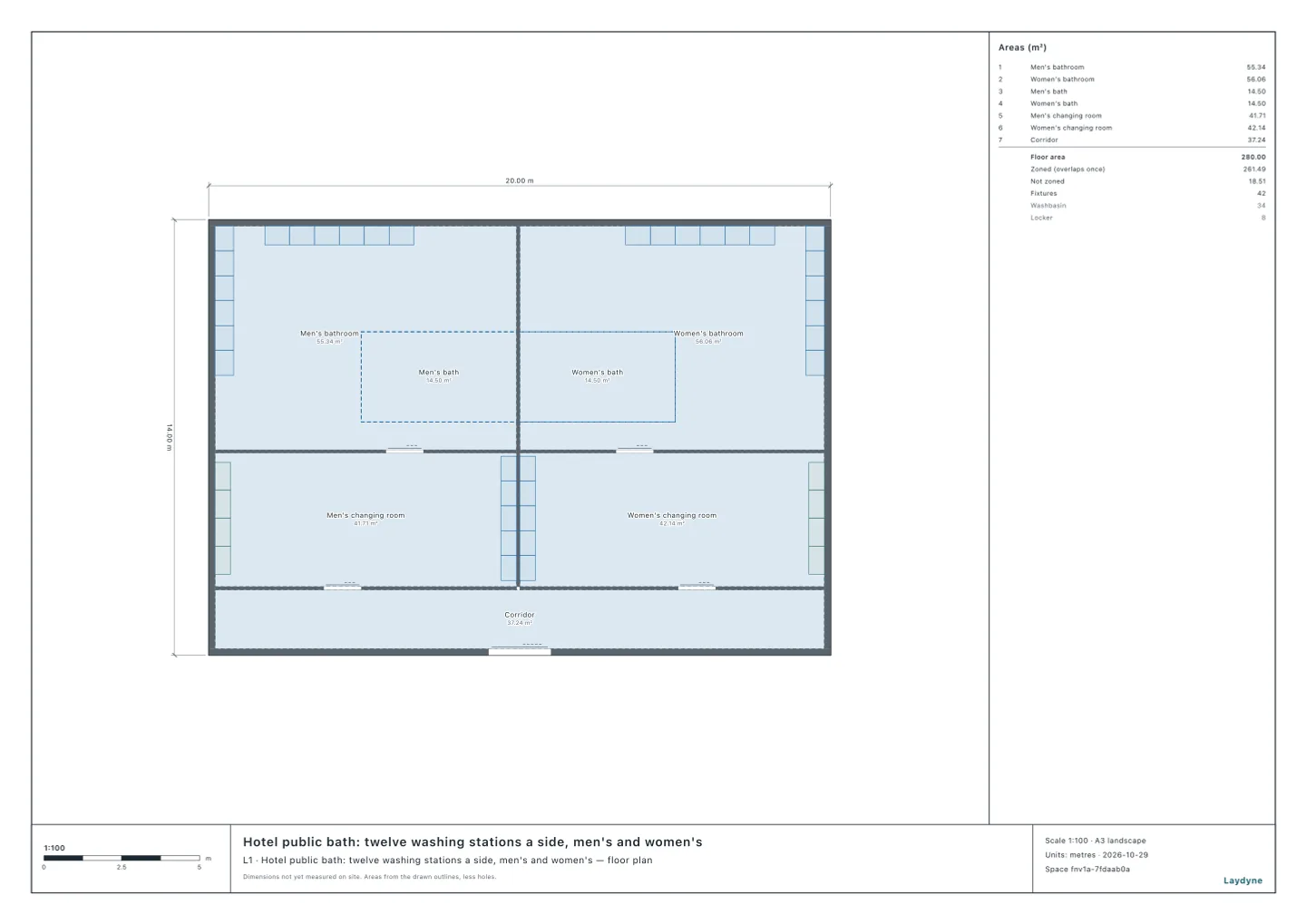 Plan of a hotel’s public bath: the men’s side to the west and the women’s to the east, each with twelve washing stations and a bath in the bathroom to the north, lockers and five washbasins in the changing room to the south, and the corridor from the hotel south of them