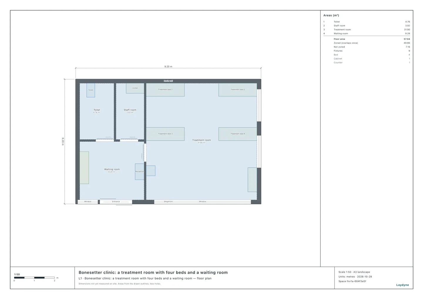 Plan of a bonesetter clinic: the treatment room with four beds to the east, the reception and the waiting room to the west, the toilet and the staff room behind