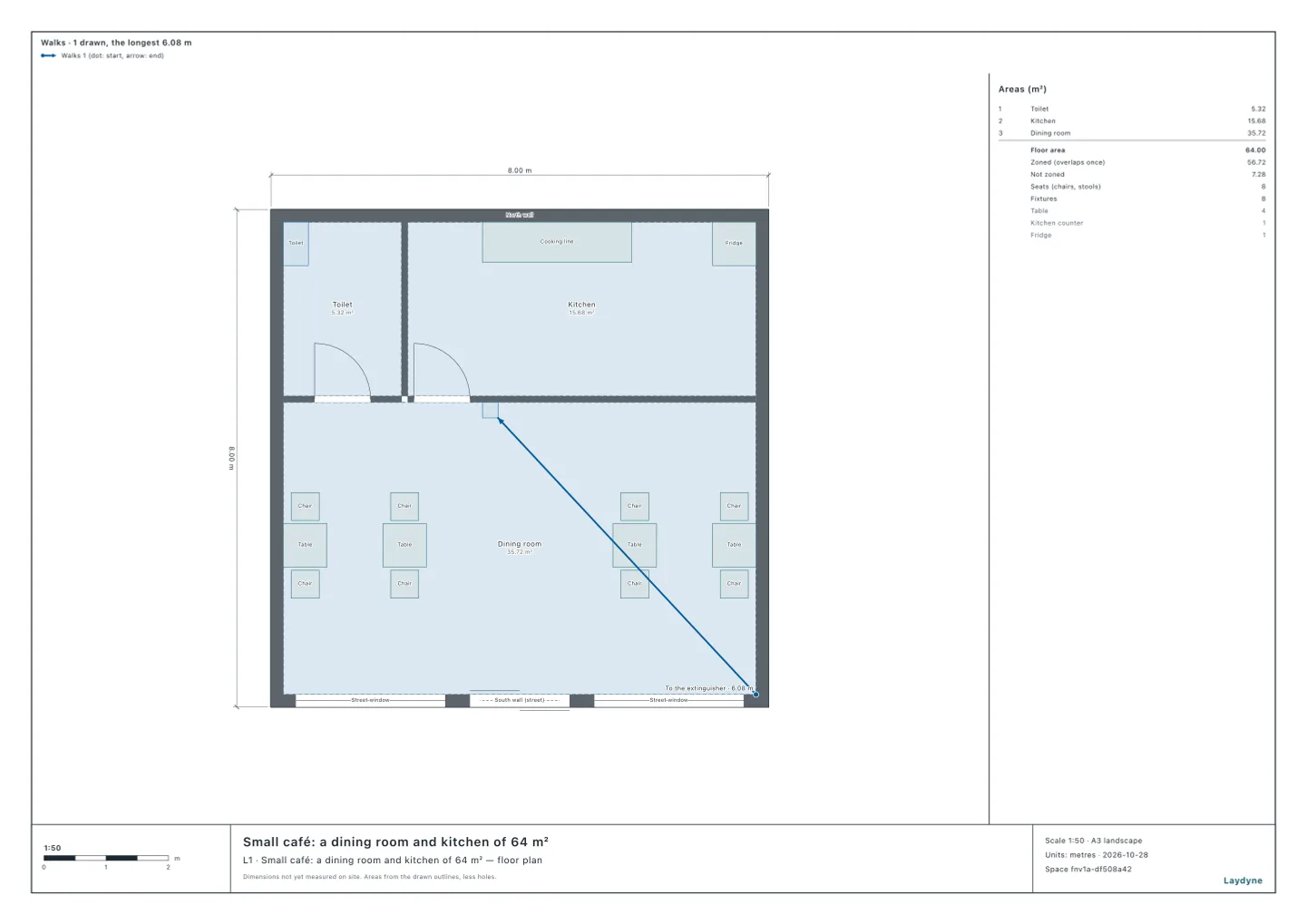 Plan of a small cafe of 8 × 8 m with a fire extinguisher against the dining room wall by the kitchen door and the walk of 6.08 m to it from the farthest corner of the dining room