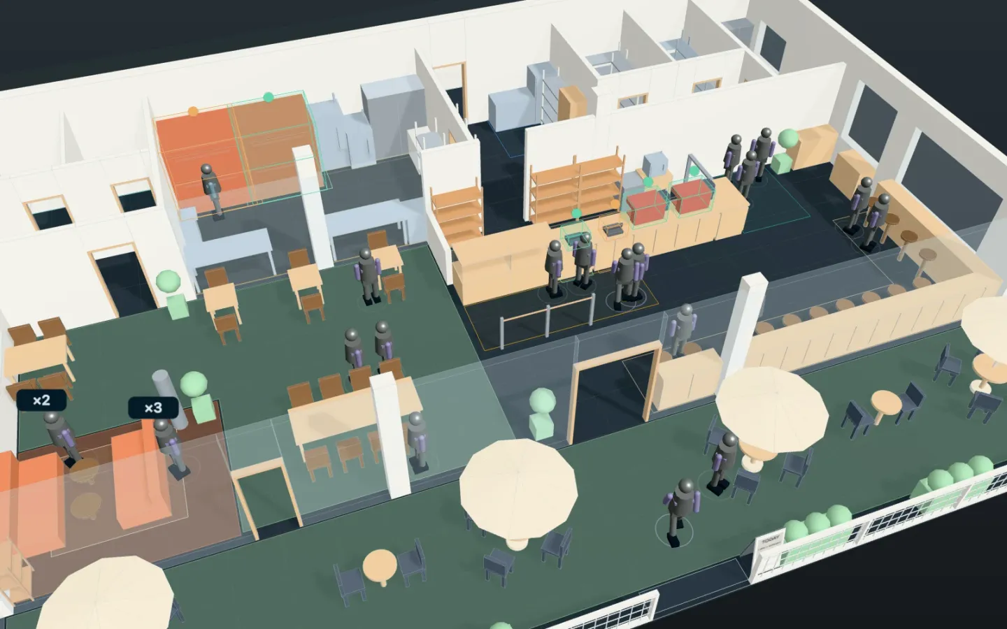The café & bakery at its morning peak in 3D: guests in line at the order counter and waiting at pickup, the bakery kitchen behind, tables inside and on the terrace with parasols