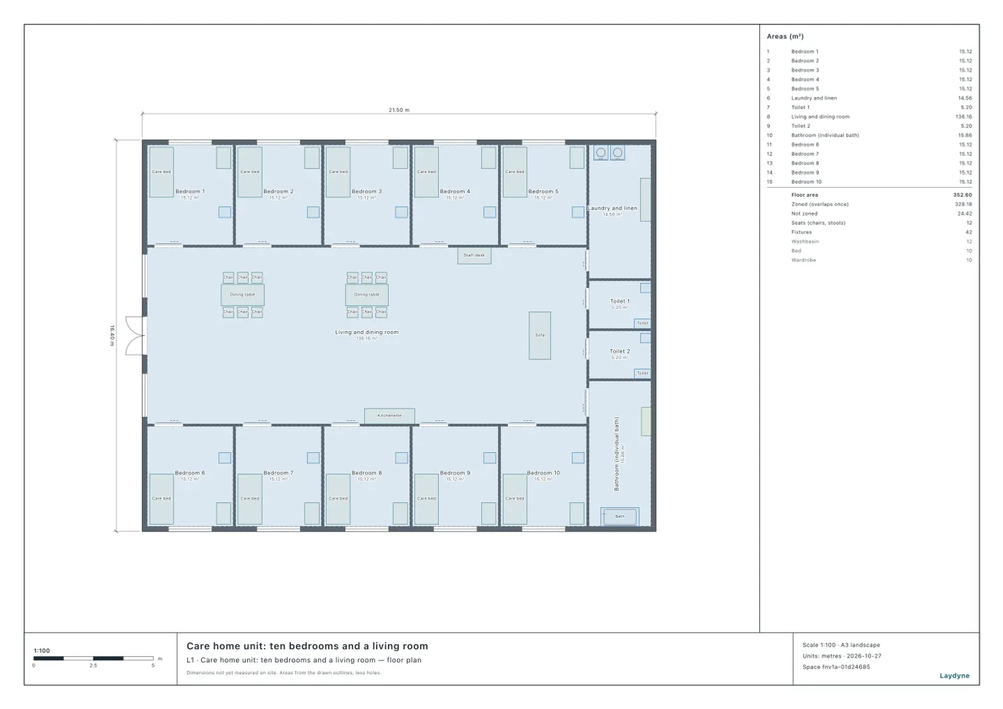 Plan of one unit of a unit-type special nursing home: five 15.1 m² single bedrooms on the north and five on the south, a 136 m² living and dining room between them that every bedroom opens onto, and to the east a laundry, two accessible toilets and a bathroom, also opening onto it; the unit entrance is at the west end