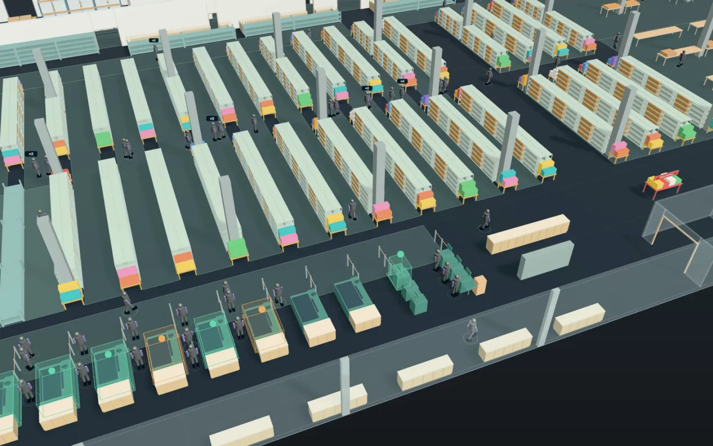 3D view of a supermarket’s sales floor and checkouts, with shoppers queuing at the staffed lanes in front and the self-checkouts to their right