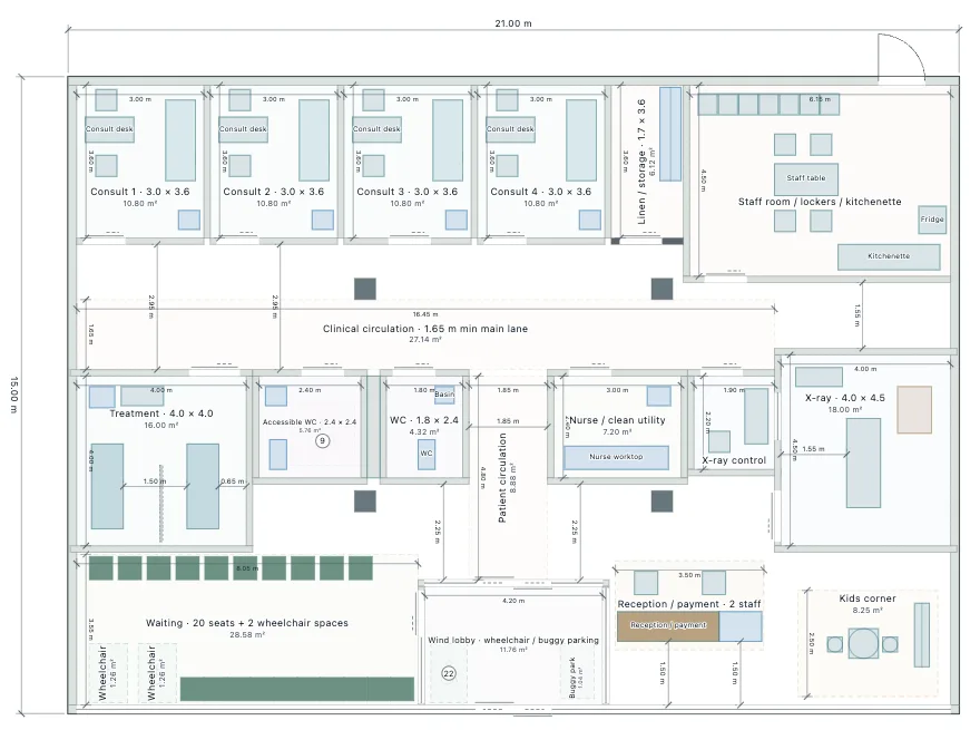 First layout, 2D plan at 1:100 with room names and areas