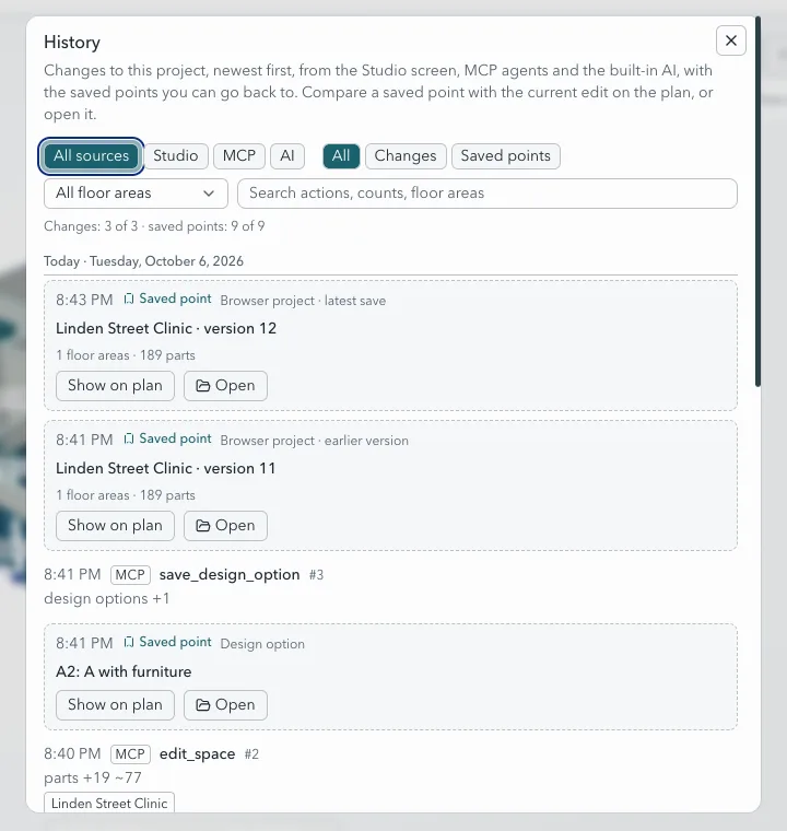 History: changes by source and the saved points to open or compare