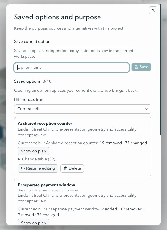 Design options kept in the project