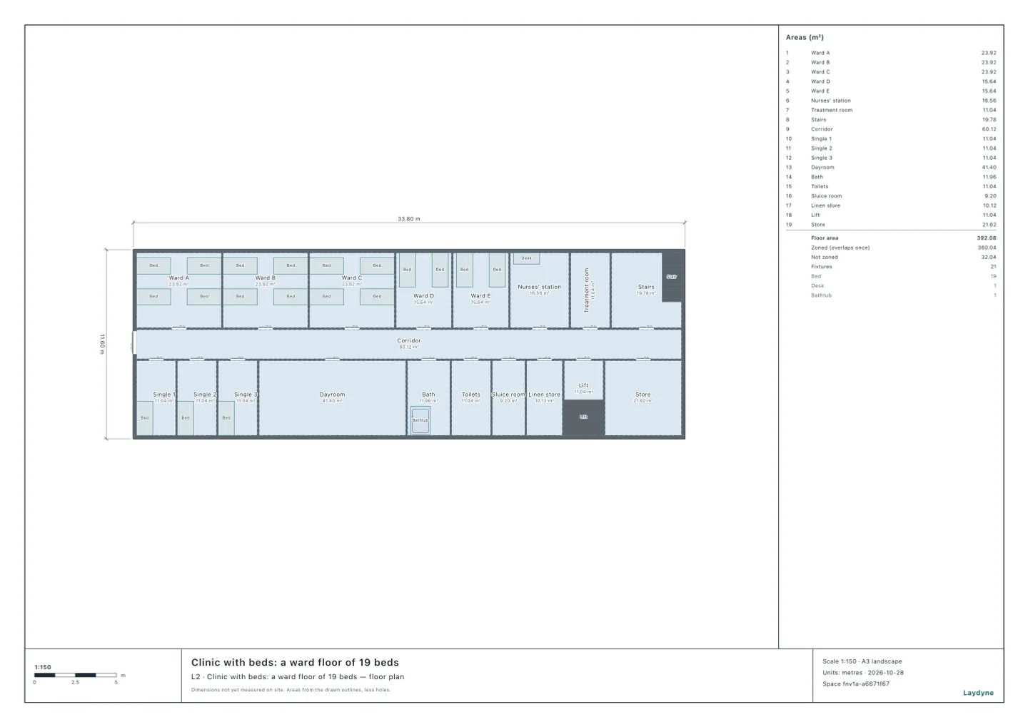 Plan of the ward floor of a clinic with 19 beds, 33.8 × 11.6 m: three wards of four and two of two along the north of a middle corridor of 1.8 m, three singles, the dayroom, the bath, the toilets and more along the south