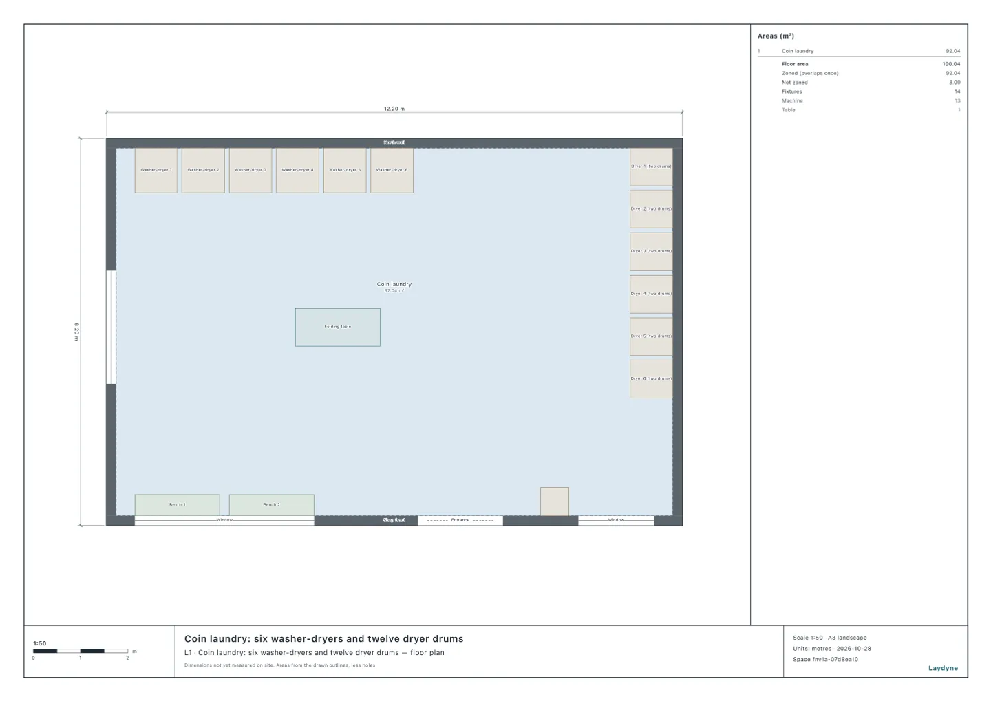 Plan of a coin laundry: six washer-dryers along the north wall, six two-drum dryer stacks along the east wall, a folding table in the middle, benches and the entrance along the south window