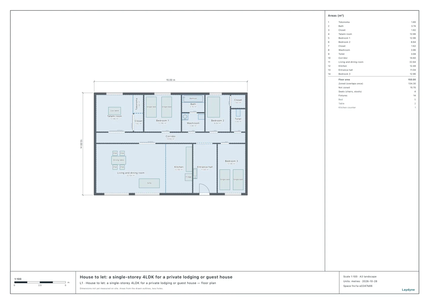 Plan of a single-storey 4LDK house: a tatami room and three bedrooms, the living and dining room, the kitchen, the bath, the washroom and the toilet
