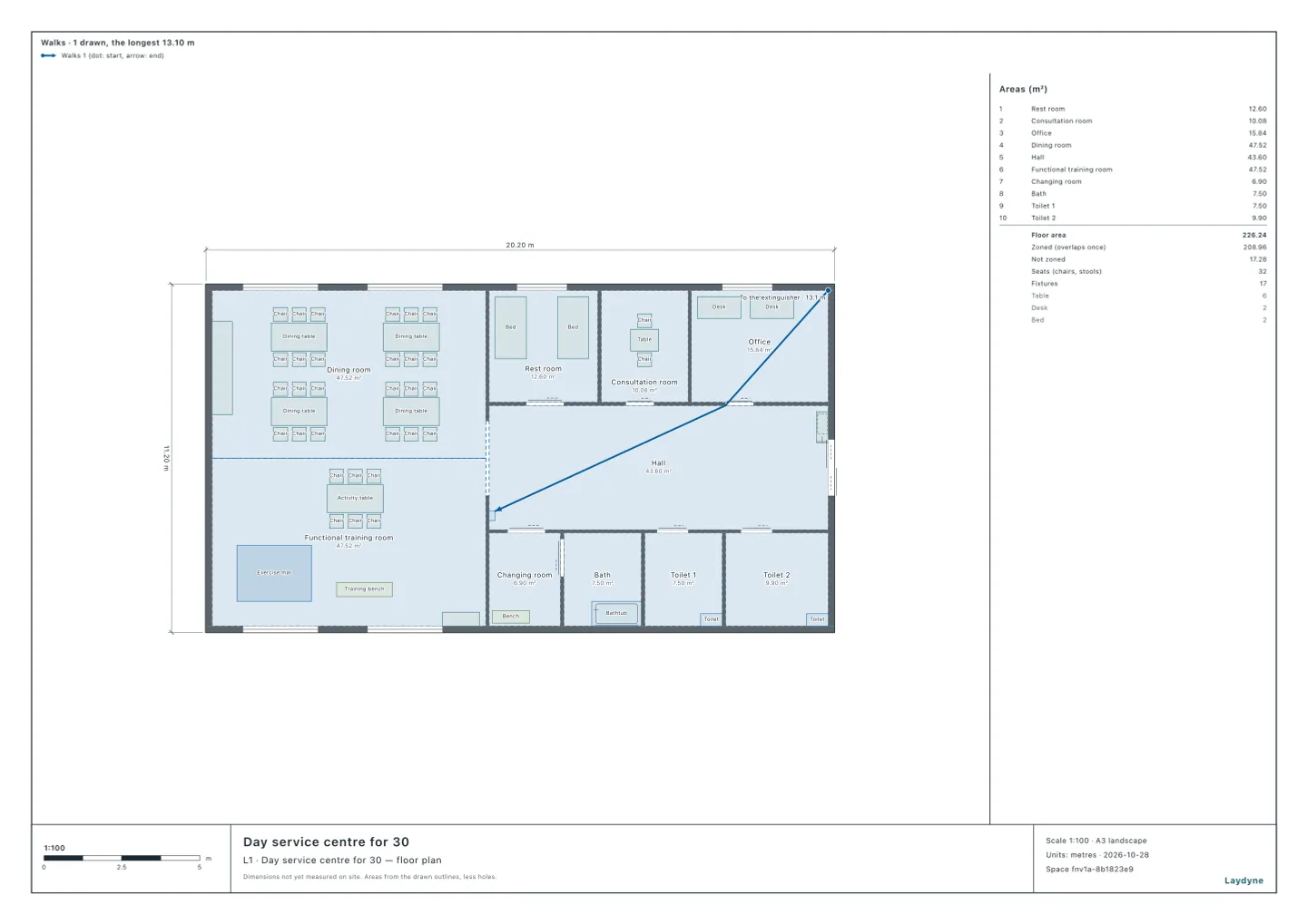 Plan of a day service centre: the dining room and the functional training room to the west, the rest room, consultation room, office and the hall to the east, the bath and toilets; the walk from the far corner of the office to the extinguisher in the hall