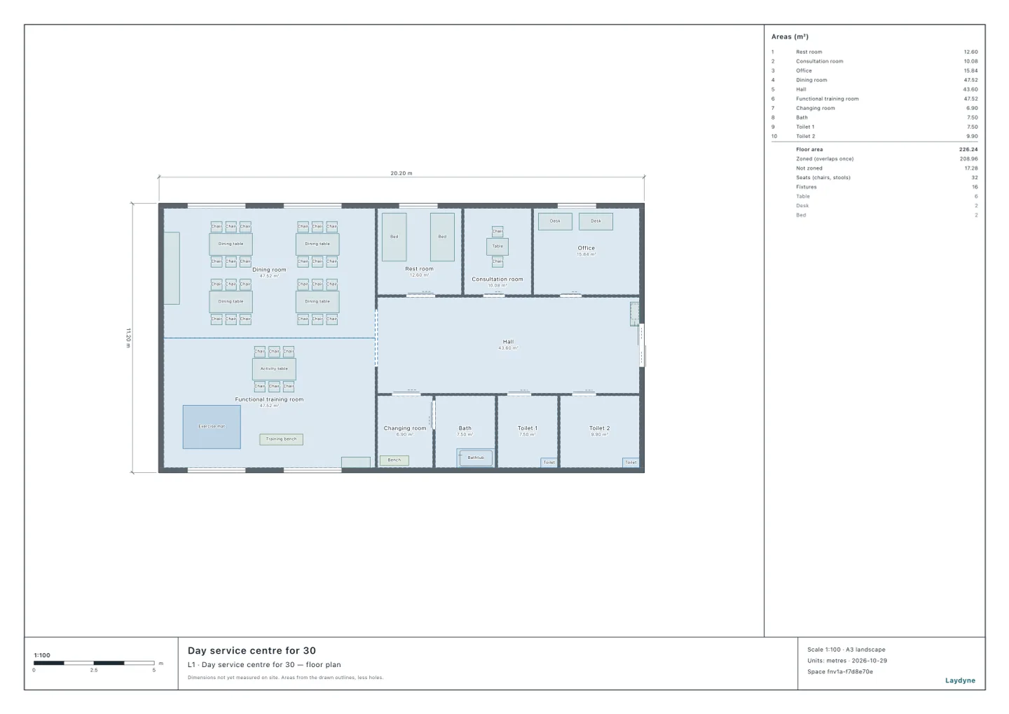 Plan of a day service centre for 30: the four dining tables and the functional training room’s table to the west, the rest room, the consultation room and the office to the east, the hall in the middle, the changing room, the bath and two toilets to the south
