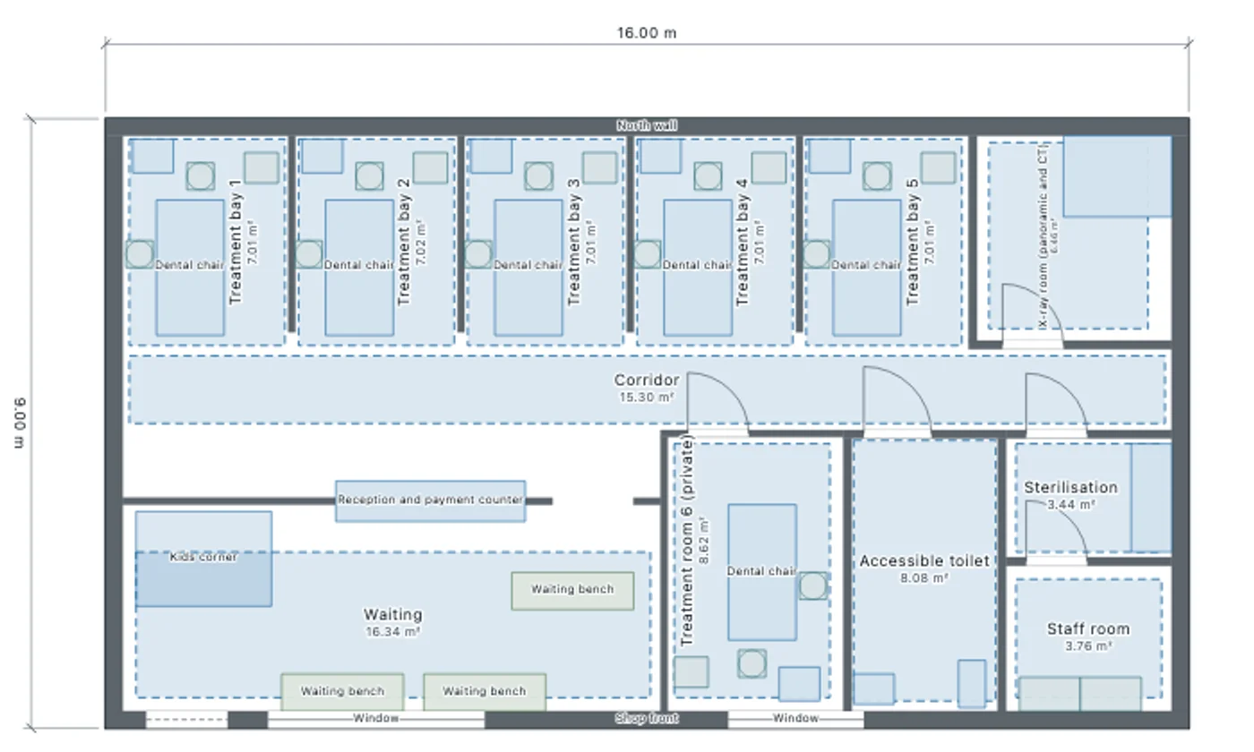 Plan of the 16 × 9 m dental clinic after the sixth unit went into the former counselling room