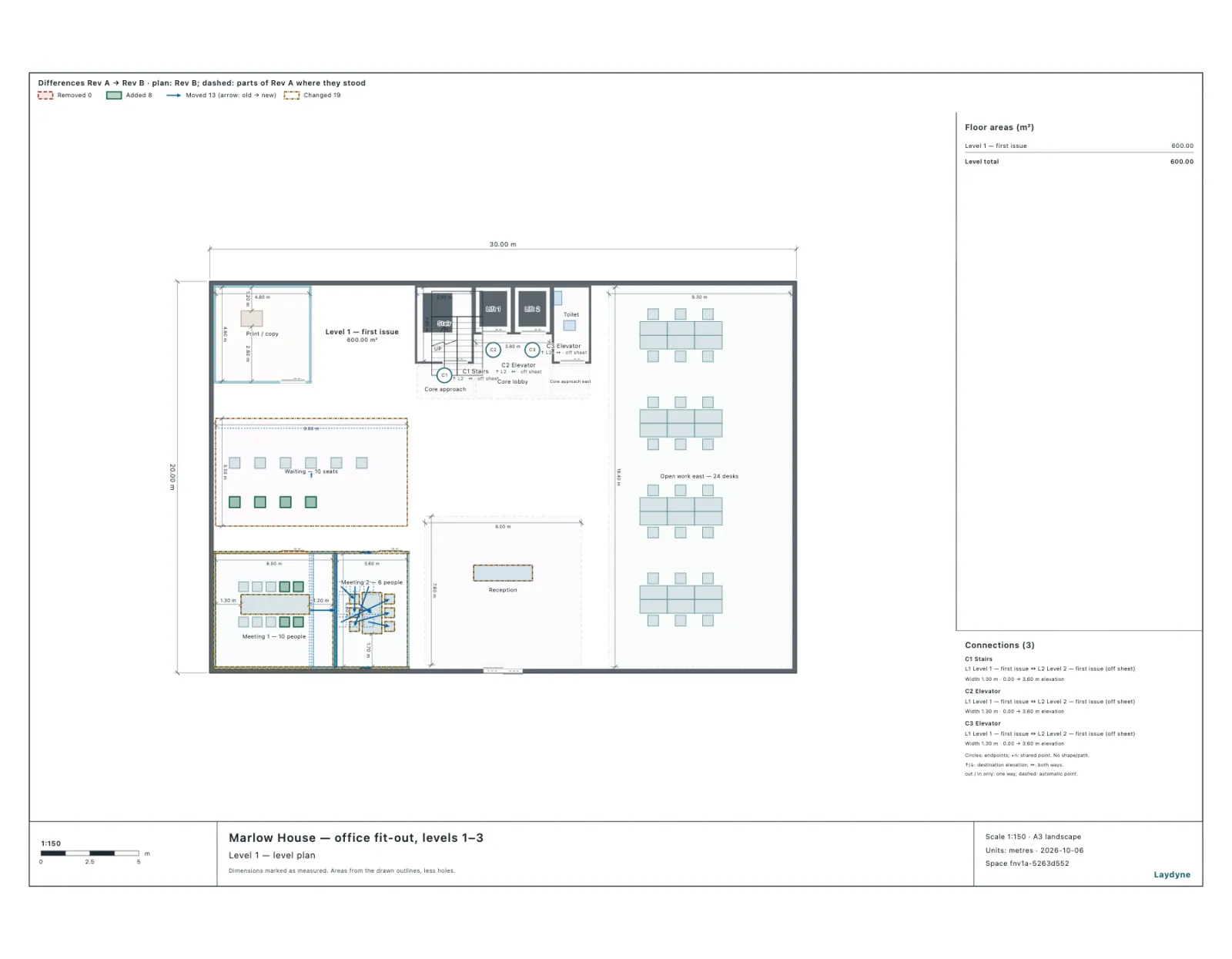 Level 1 with the differences from Rev A marked: the partition moved east, the 10-person room, the turned furniture of the narrowed room and four added waiting chairs