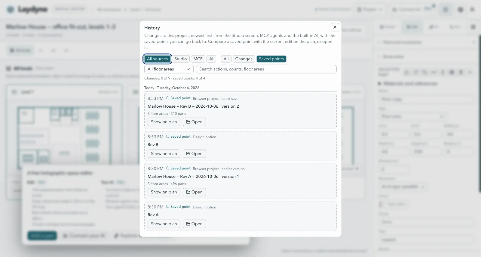 The History dialog filtered to saved points: browser project versions 2 (Rev B) and 1 (Rev A), and the design options Rev B and Rev A, each with Show on plan and Open