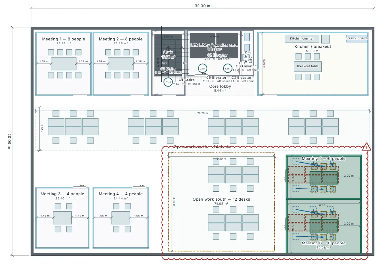 Level 2 of a Rev B drawing set with the changed rooms clouded and a revision table in the title block