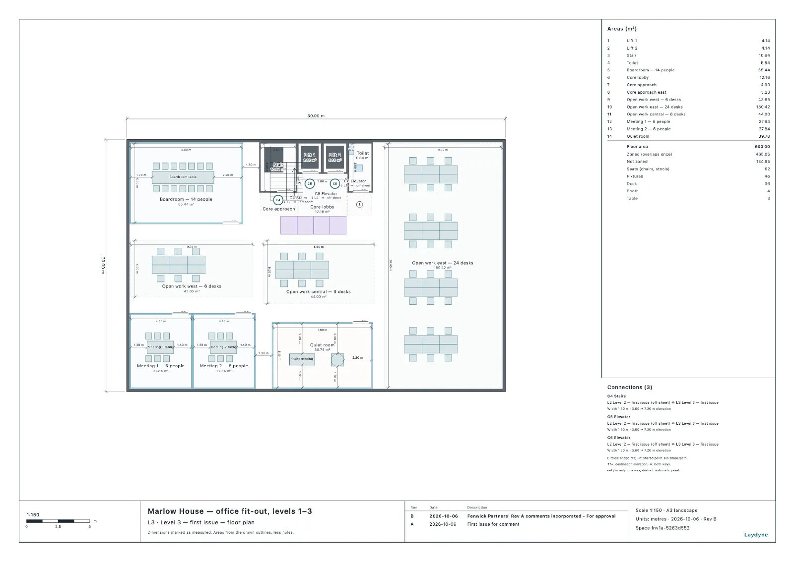 Level 3 of Rev B: four phone booths along the core, and the revision table listing Rev B above Rev A