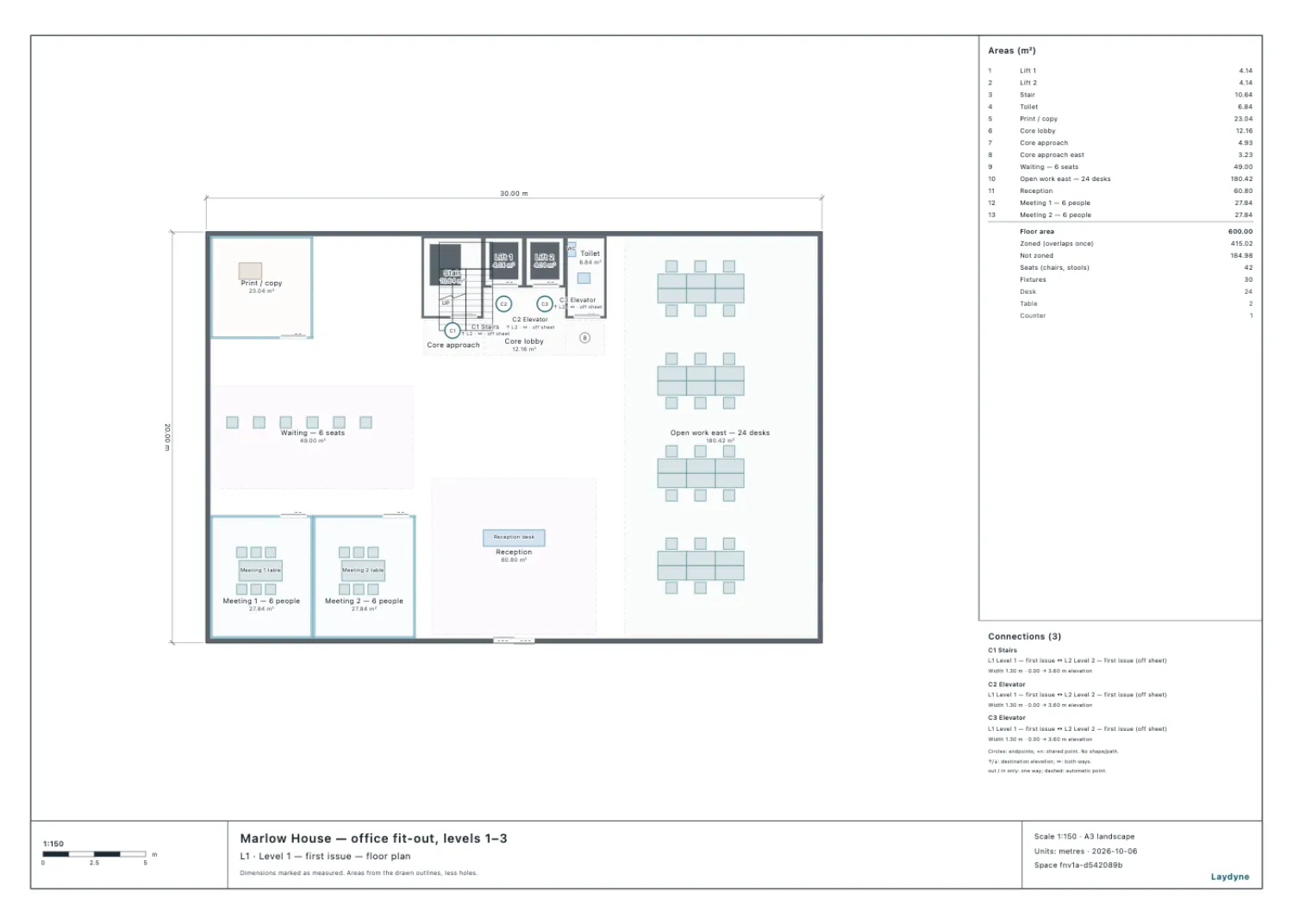 Level 1 after the first build: reception, waiting area, two meeting rooms in the south-west corner, open work area with 24 desks, and the area table on the right