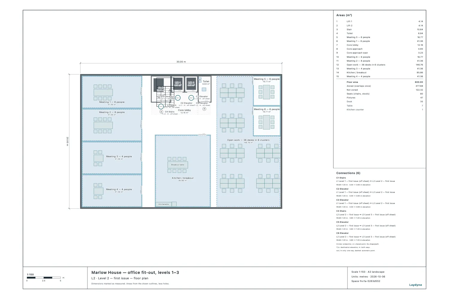 Level 2 after the comments: two new 6-person meeting rooms in the north-east corner, the open work area down to 36 desks