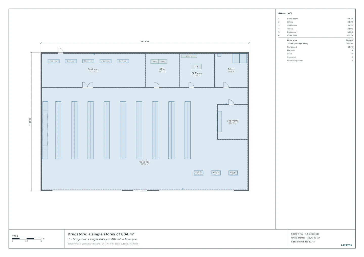 Plan of a single-storey drugstore: nine gondola runs and a refrigerated case on the sales floor, three registers by the automatic doors, the dispensary on the east wall, and the stock room, office, staff room and toilets at the back