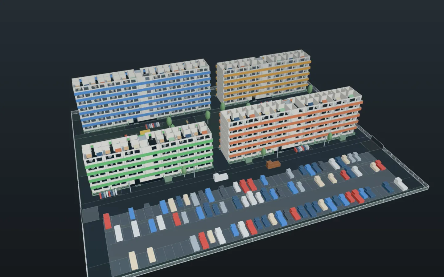 The apartment estate in 3D: four blocks of five to seven floors with coloured balconies, and the car park in front