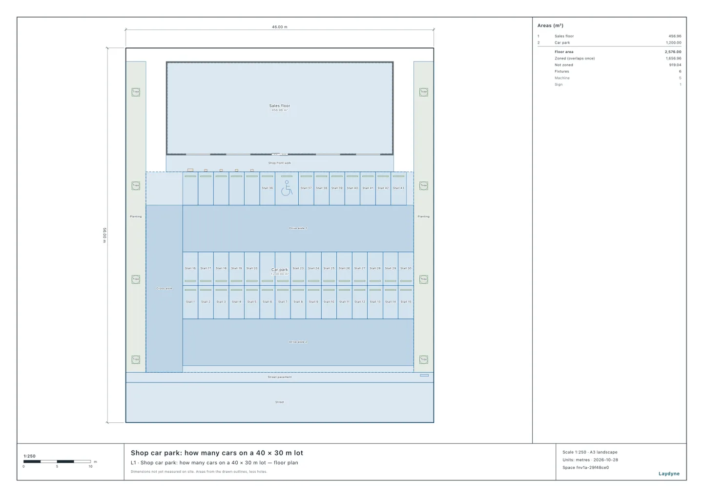 Plan of a shop’s car park: one EV quick charger and four normal chargers at the five stalls at the west end of the row by the shop front