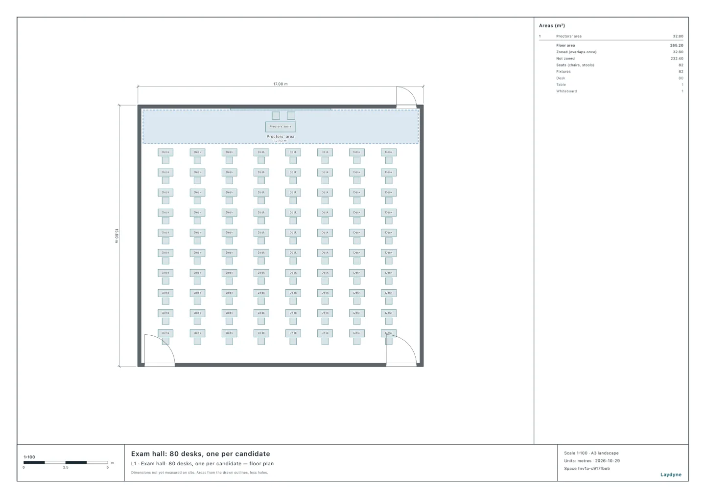 Plan of an exam hall: 80 desks in eight columns of ten, the proctors’ table and the board for the exam times at the front, the candidates’ doors at the west and the east of the back wall