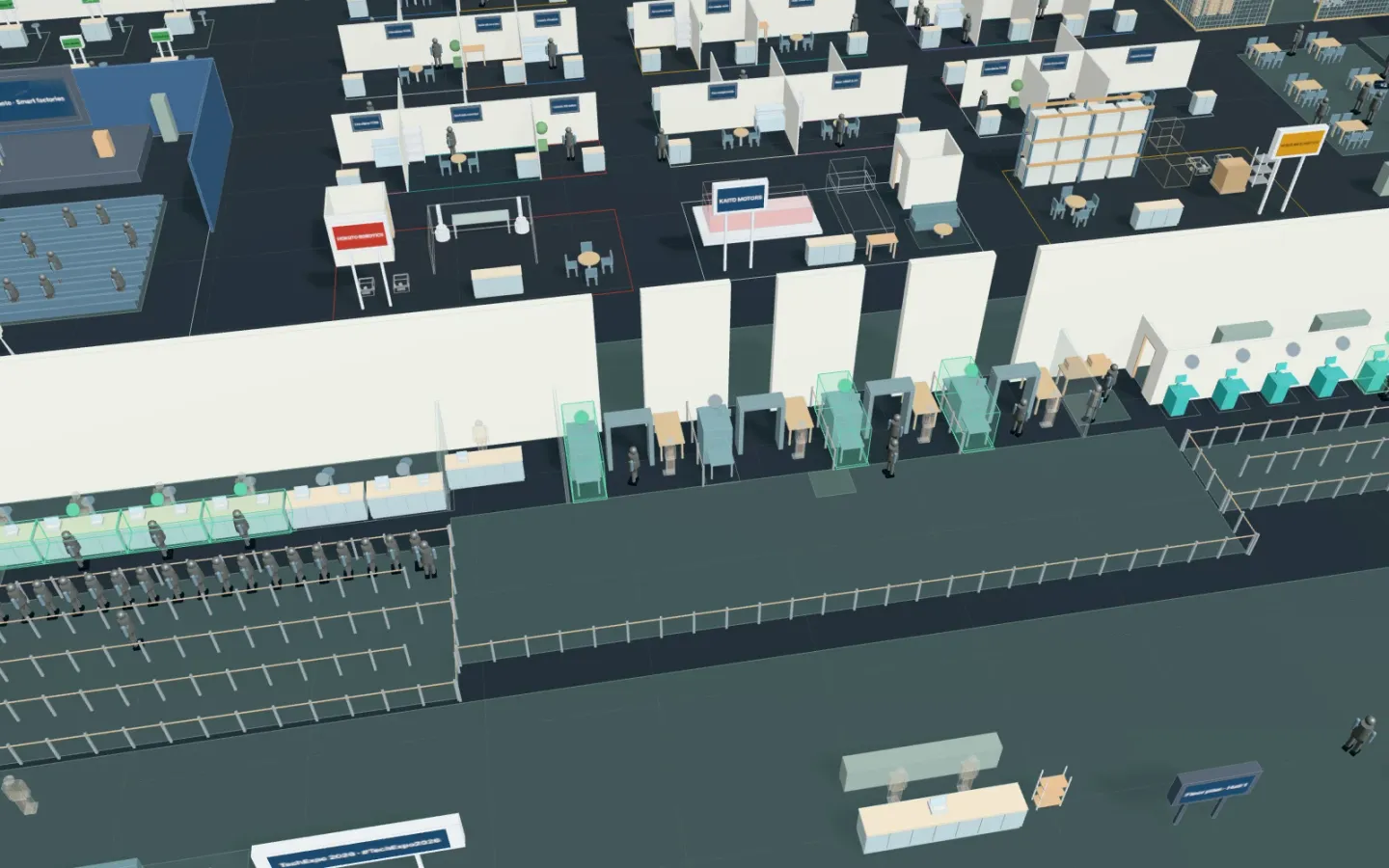 3D view of a trade show’s entrance, with a winding line at the staffed counters on the left, the bag check gates in the middle, the QR kiosks on the right, and the hall’s stands behind