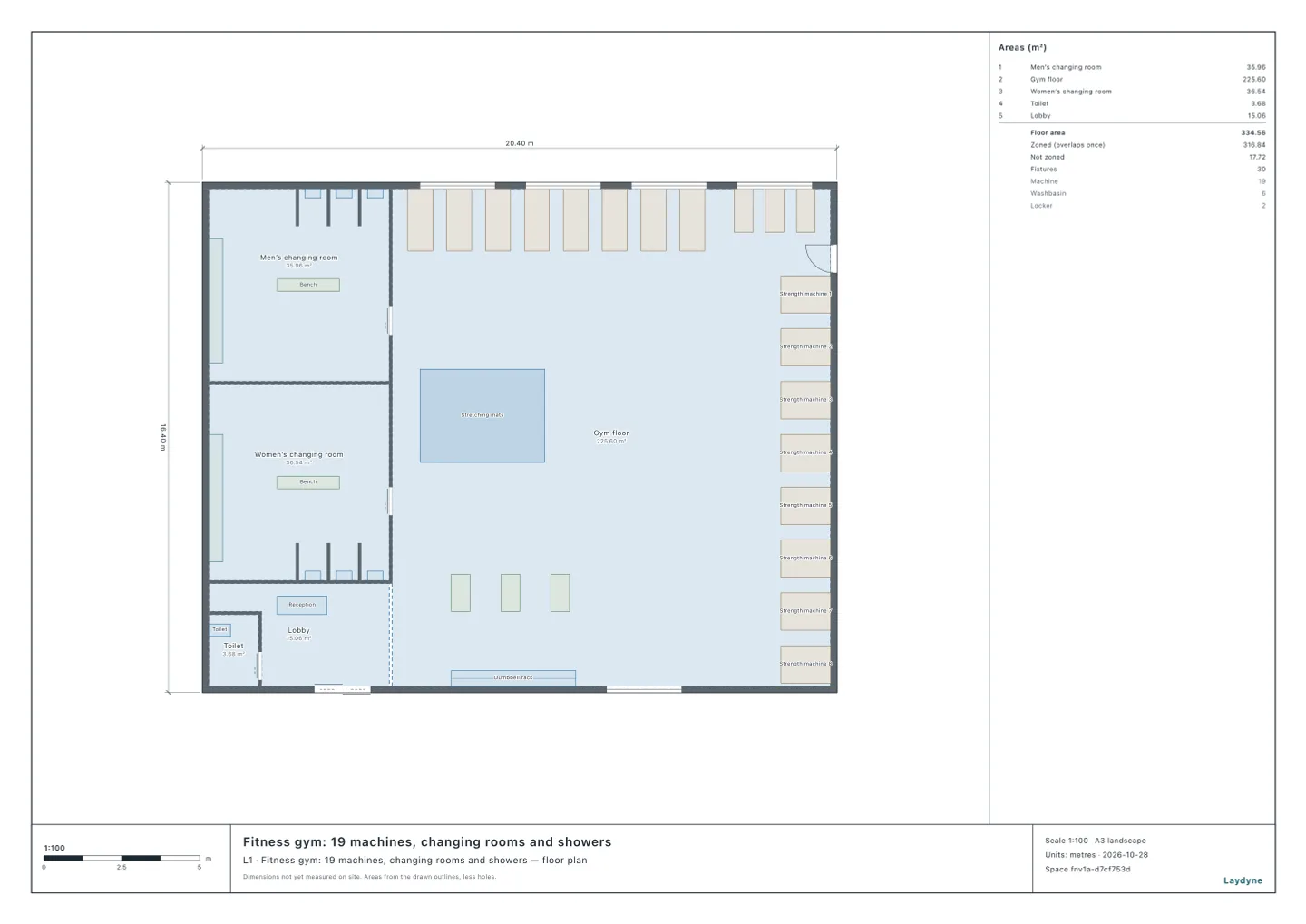 Plan of a fitness gym: eight treadmills and three exercise bikes along the north windows, eight strength machines along the east wall, the men’s and the women’s changing rooms and the lobby on the west