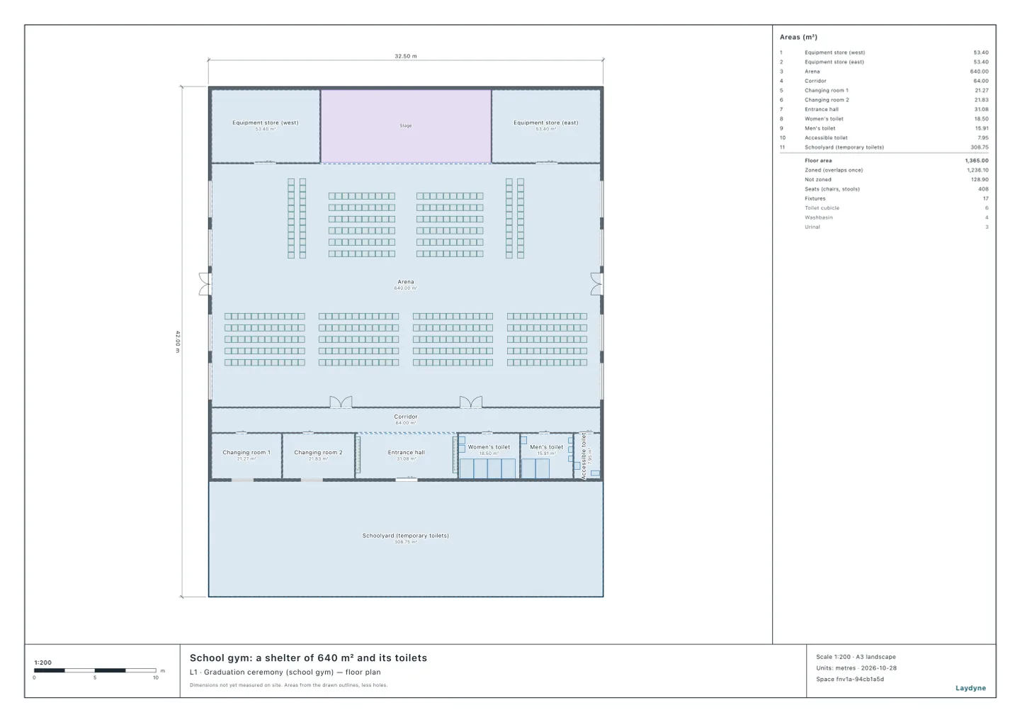 Plan of a graduation ceremony in a school gym: 120 graduates’ seats facing the stage, 240 guardians’ seats behind them, and the guests’ and teachers’ seats at the sides