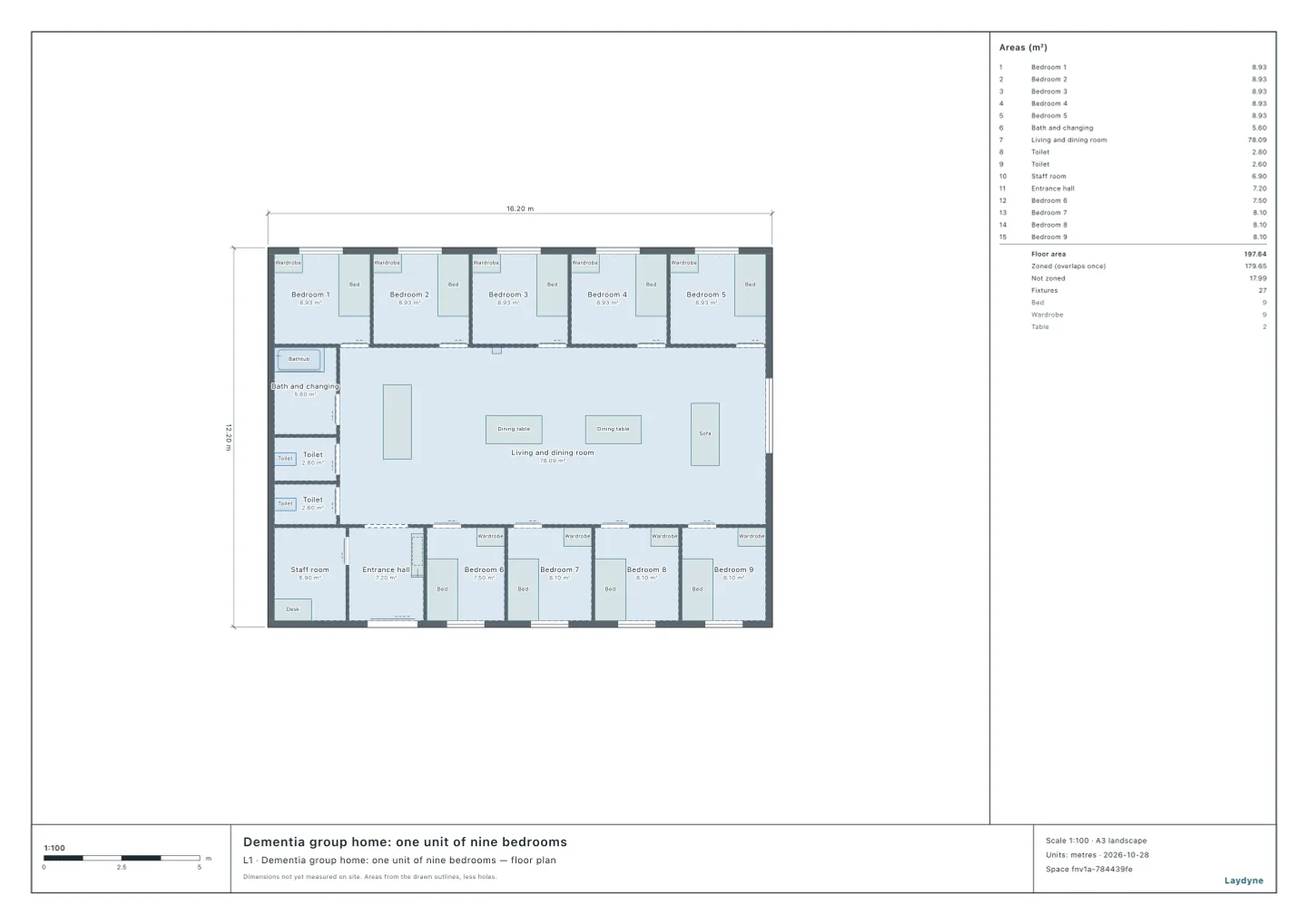 Plan of a dementia group home: five bedrooms on the north, four bedrooms, the staff room and the entrance hall on the south, the shared living room in the middle, the bathroom and toilets on the west, an extinguisher in the living room