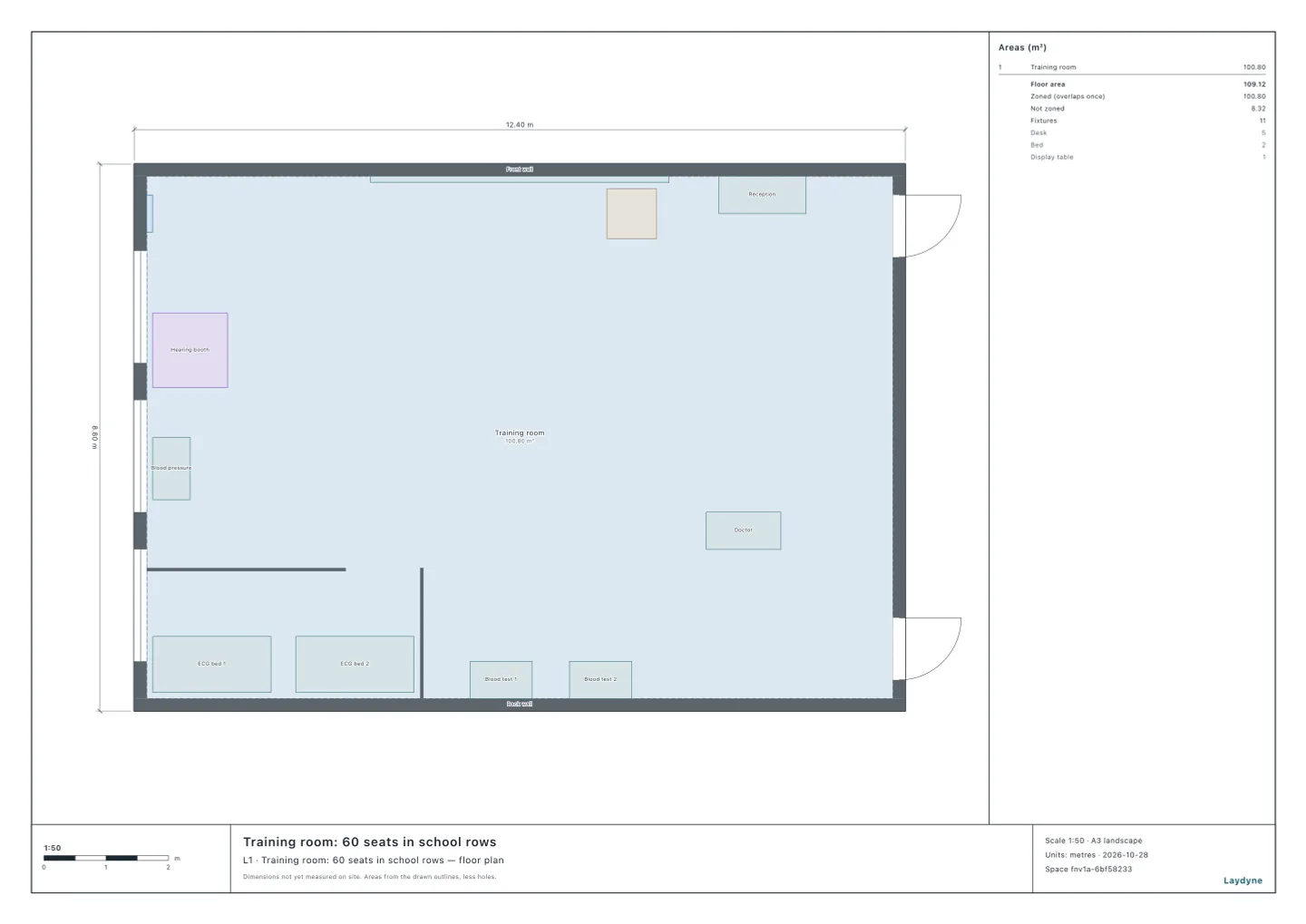 Plan of a training room set out for a health checkup: the reception by the front door, height, weight and waist, the vision chart, the hearing booth, blood pressure, two ECG beds behind screens, two blood-test desks and the doctor