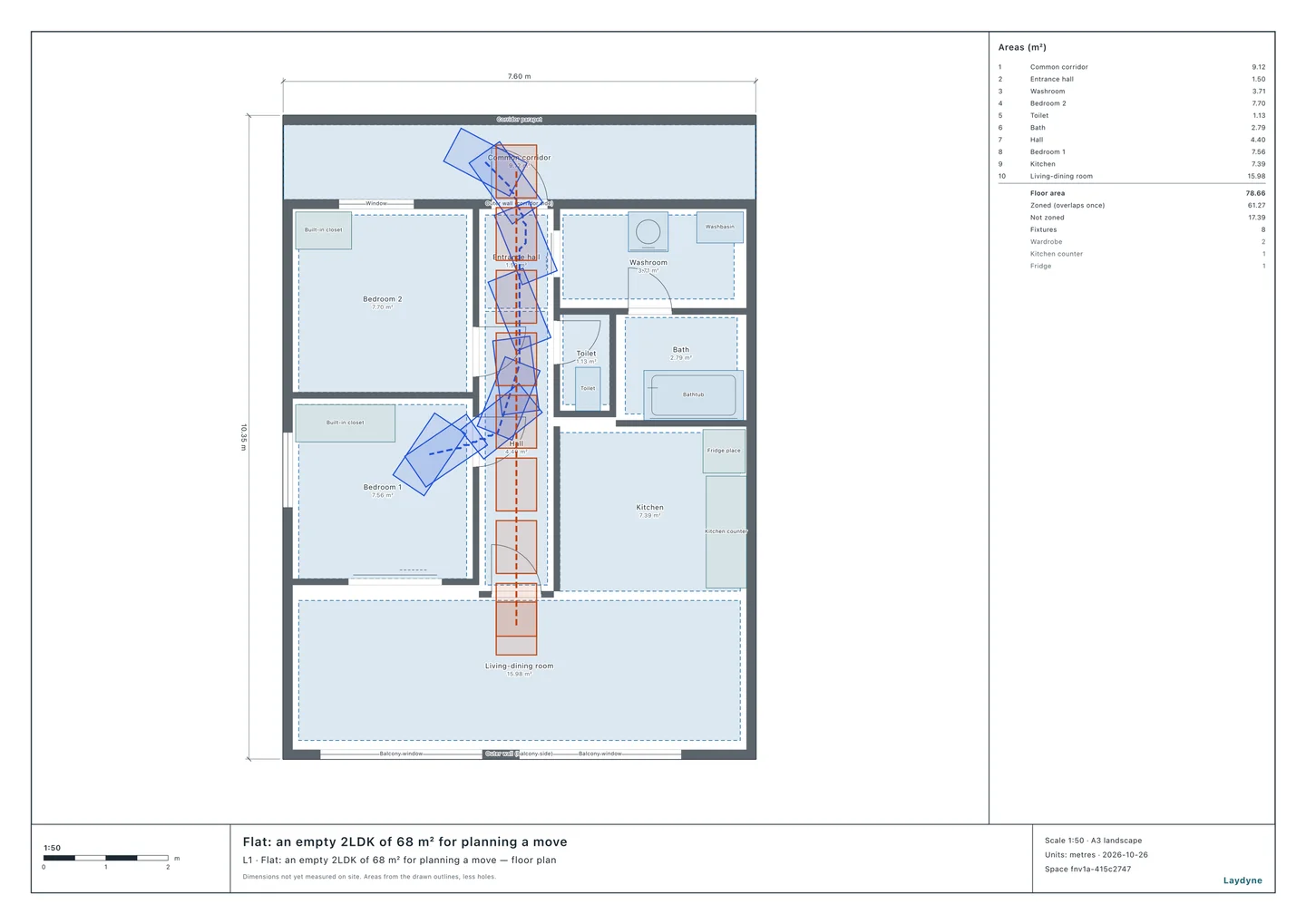 The empty 2LDK flat with the ways a low sofa and a wardrobe are carried in from the common corridor, drawn as outlines of each piece along its way
