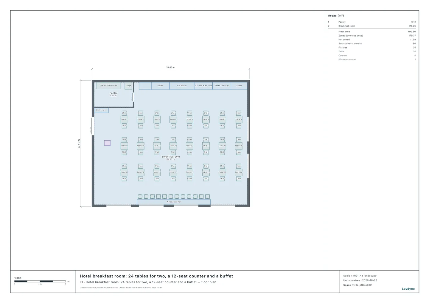 Plan of a hotel breakfast room: the buffet and the pantry along the north wall, the room-number check and the dish return by the entrance, 24 tables for two in three rows, a counter of 12 seats along the south windows