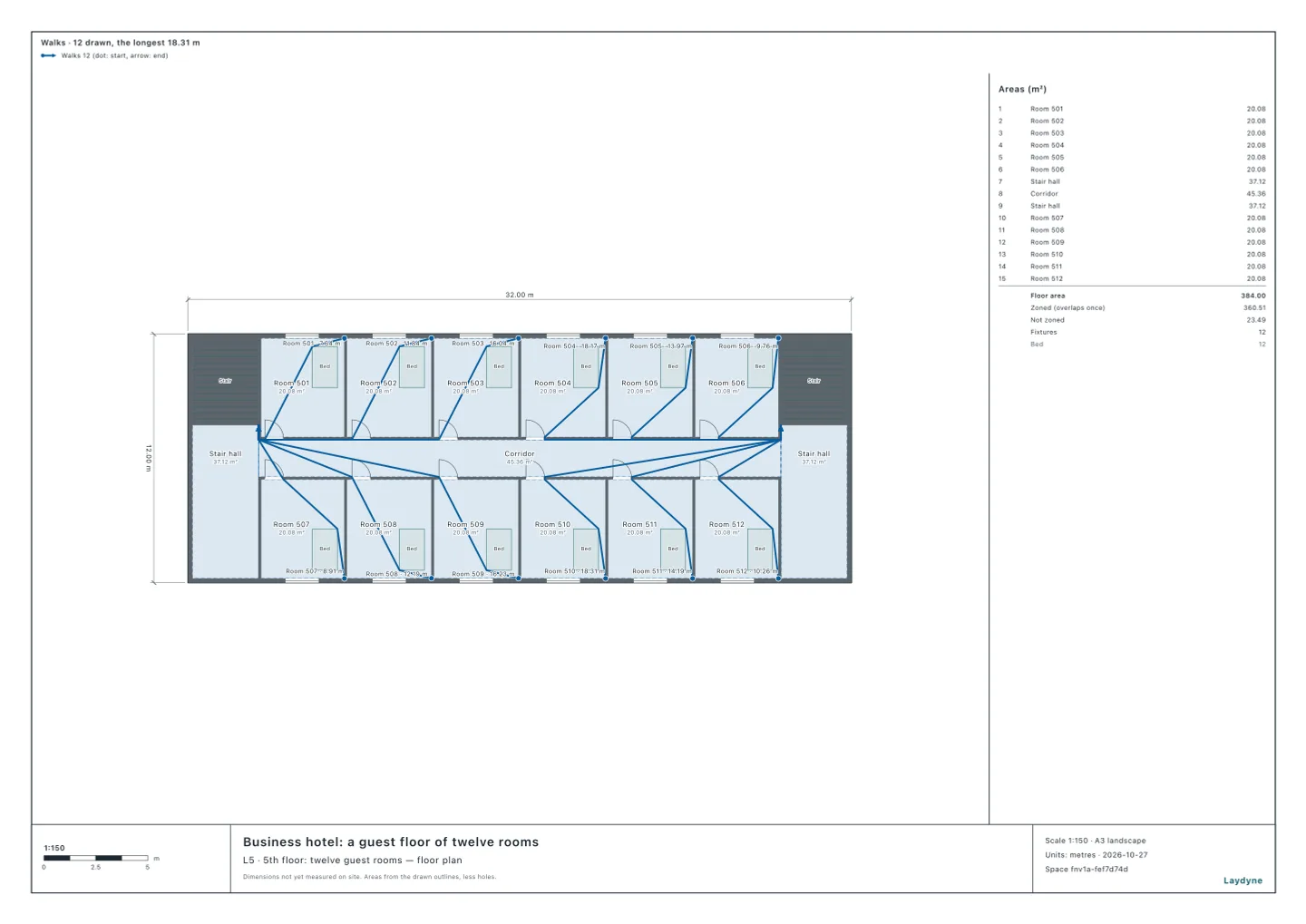 Plan of a business hotel’s guest floor with each of its twelve rooms’ walks from the farthest point to the nearer stair drawn on it, a dot at the start, an arrow at the end, the room’s name and the length beside it: an evacuation route map