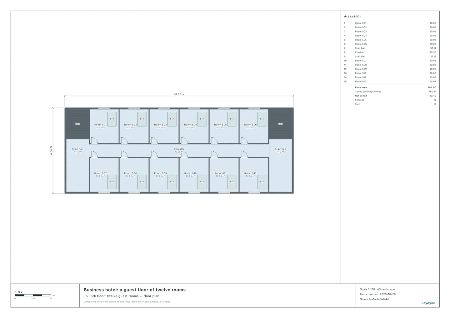 Plan of a business hotel’s guest floor: six rooms each north and south of the central corridor (rooms 501 to 512), stair halls at the west and the east ends