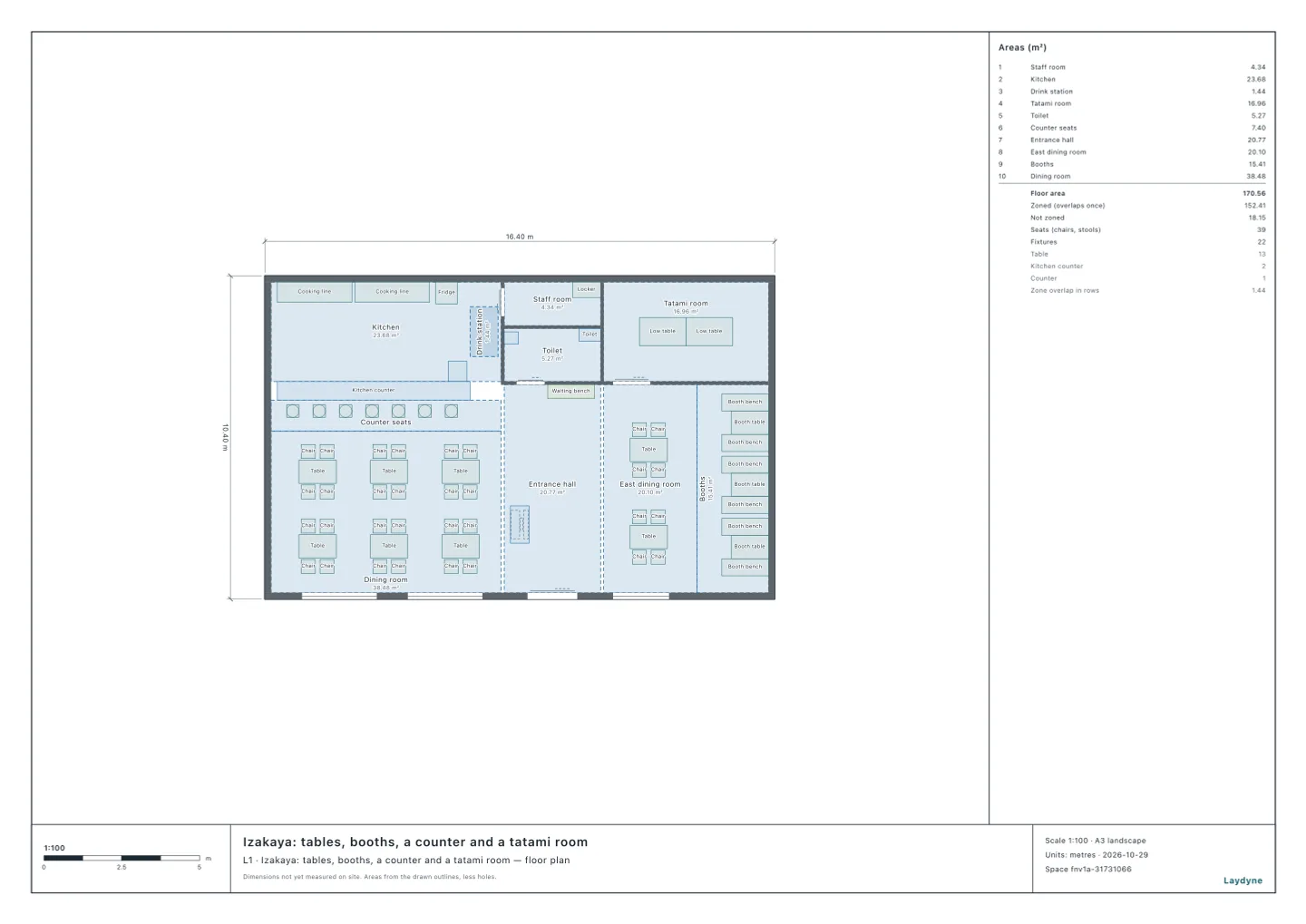 Plan of an izakaya: the kitchen and the counter seats to the north, the drink station at the kitchen’s east end, the tatami room to the north-east, tables in the middle, booths to the east, the entrance and the register to the south