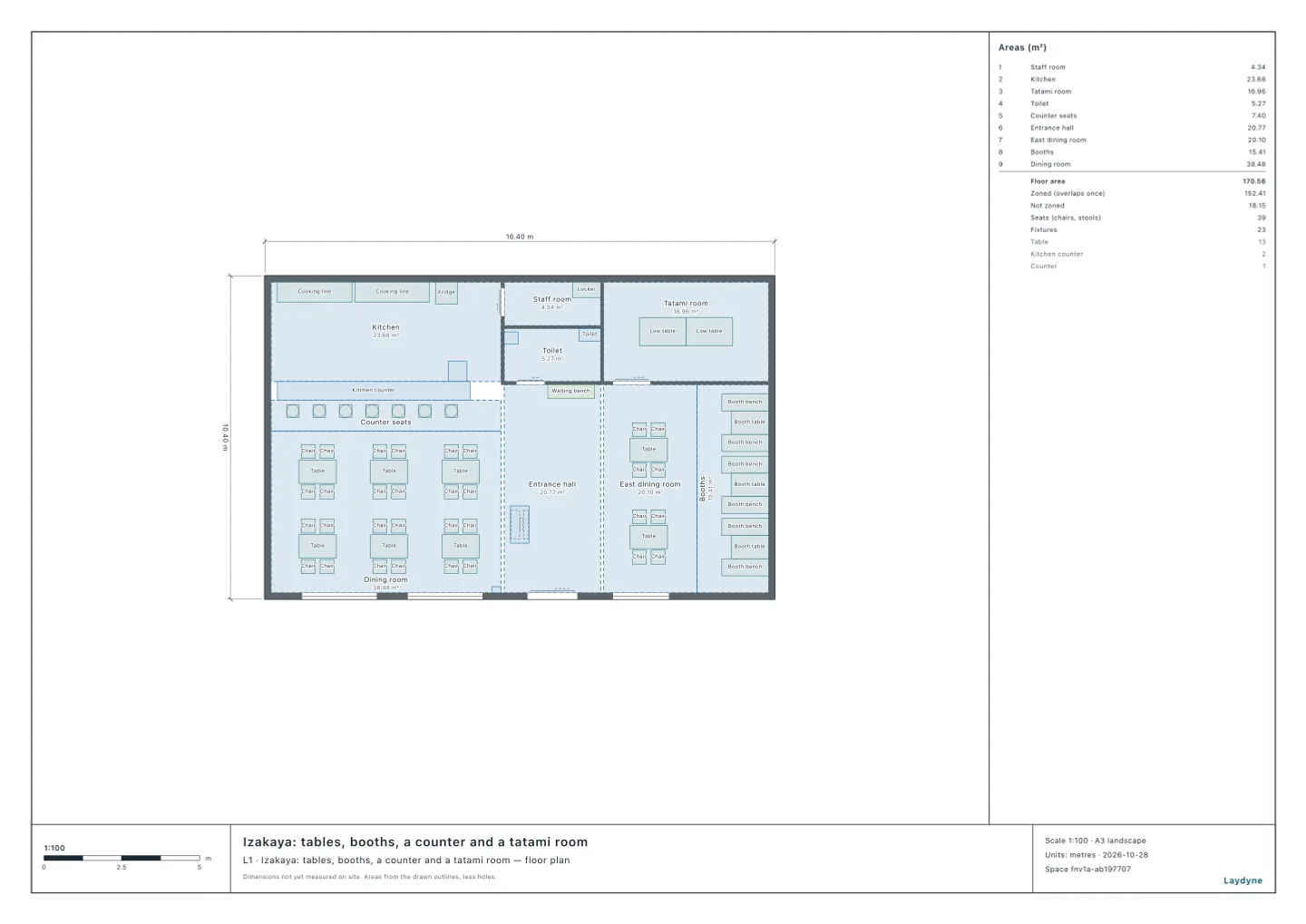 Plan of an izakaya: the kitchen that cooks over fire and the counter seats on the north-west, the tatami room on the north-east, the tables and booths on the south, an extinguisher by the entrance
