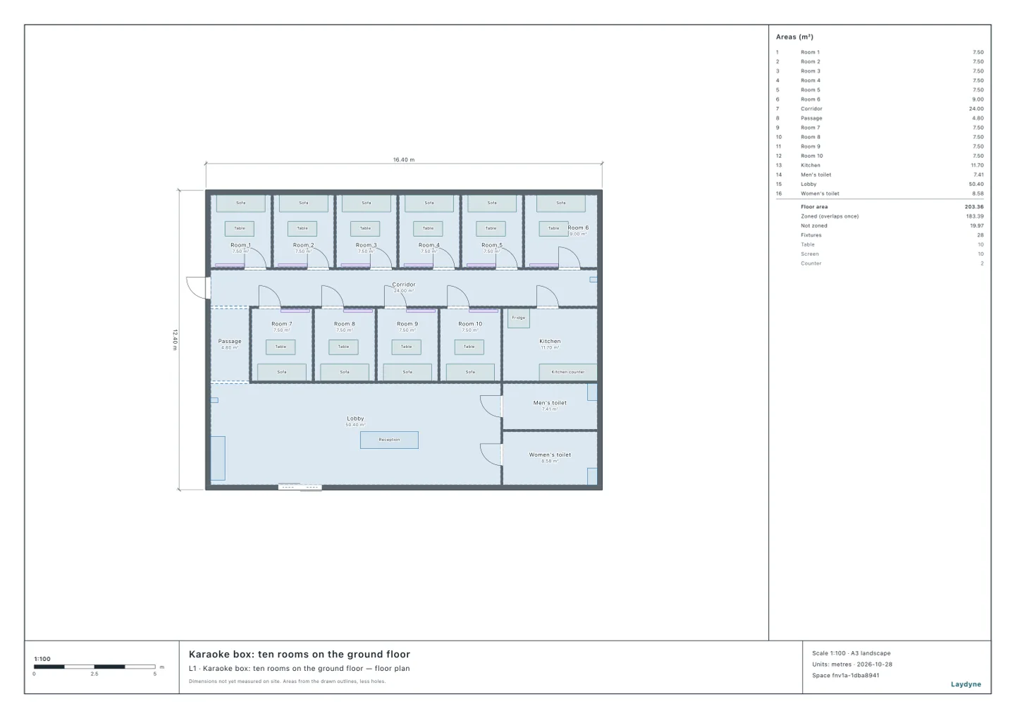Plan of a karaoke box: six rooms north of the corridor, four and the kitchen south of it, the lobby with the reception and the drink bar, the men’s and the women’s toilets, the entrance and the emergency exit, and two extinguishers