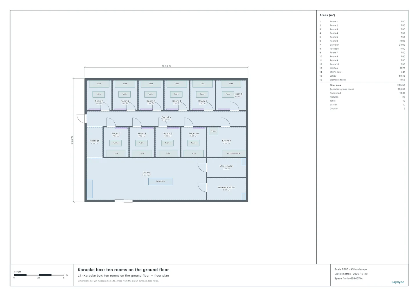 Plan of a karaoke box: six rooms north of the corridor, four rooms and the kitchen south of it, the lobby, reception, drink bar and toilets by the entrance on the south