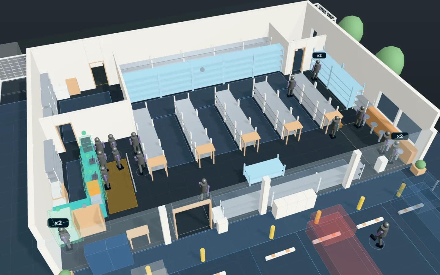 The convenience store at the lunch rush in 3D: shoppers queuing at the registers on the counter to the left, the gondola shelves and the drinks coolers at the back, the eat-in on the right and the car park in front