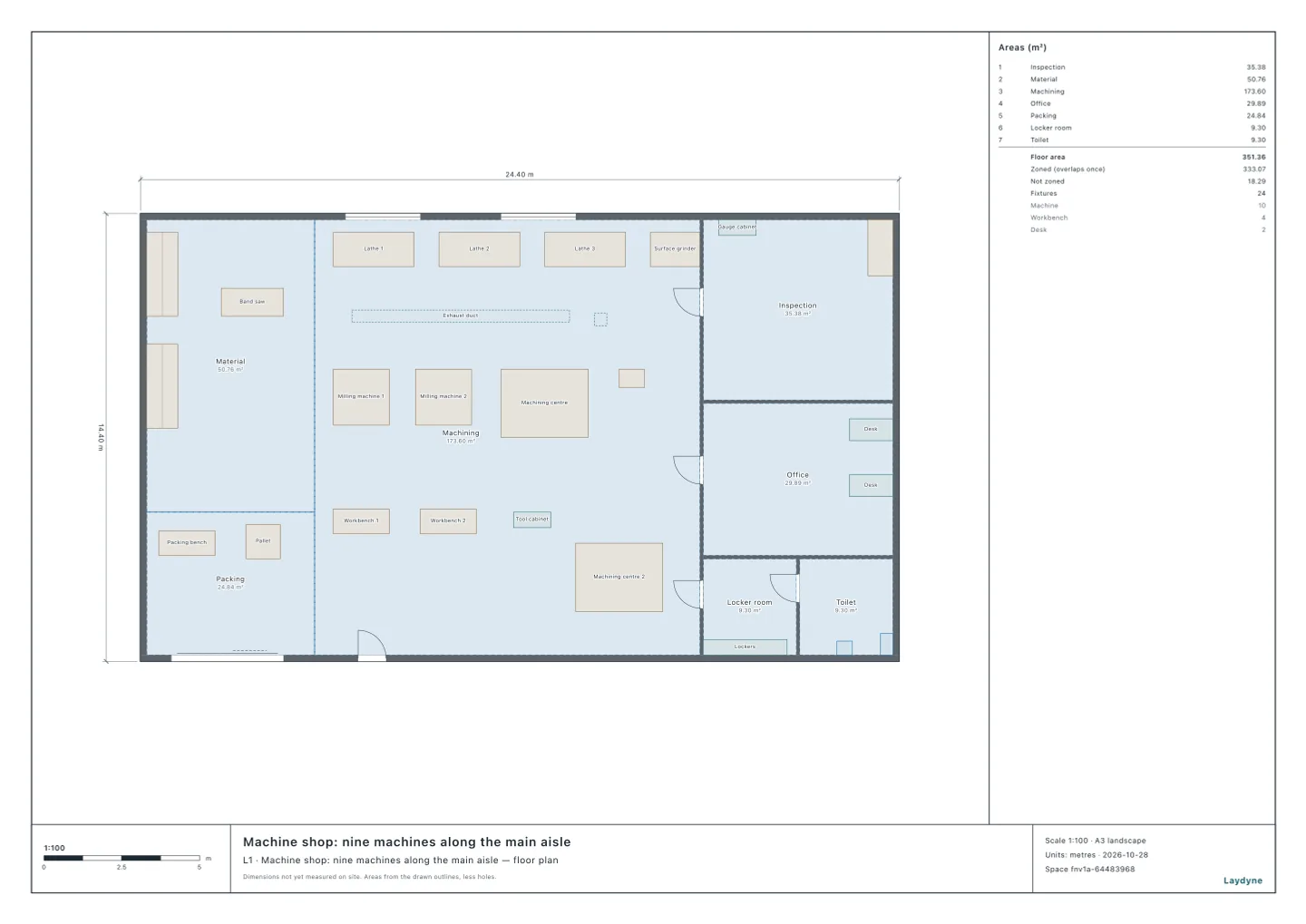 Plan of a machine shop: three lathes and a grinder north of the main aisle, two milling machines, a machining centre and a drill press south of it, a second machining centre south of the workbenches, and the inspection room, the office, the locker room and the toilet to the east