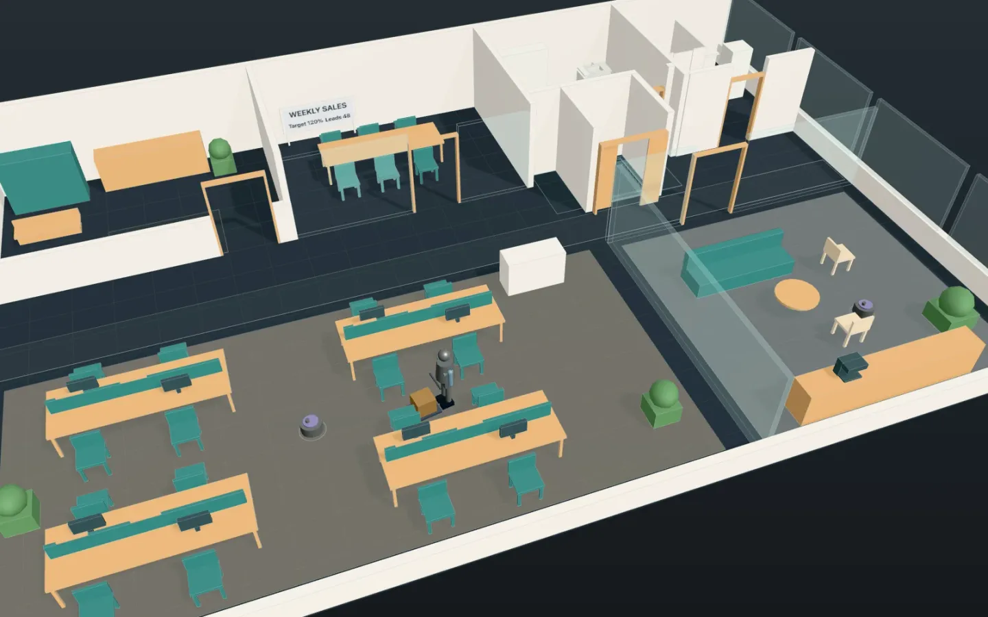 3D view of one office floor, with a cleaner going round the desks with a cart and robot vacuums on the floor, meeting rooms and washrooms at the back and a glass-walled lounge on the right