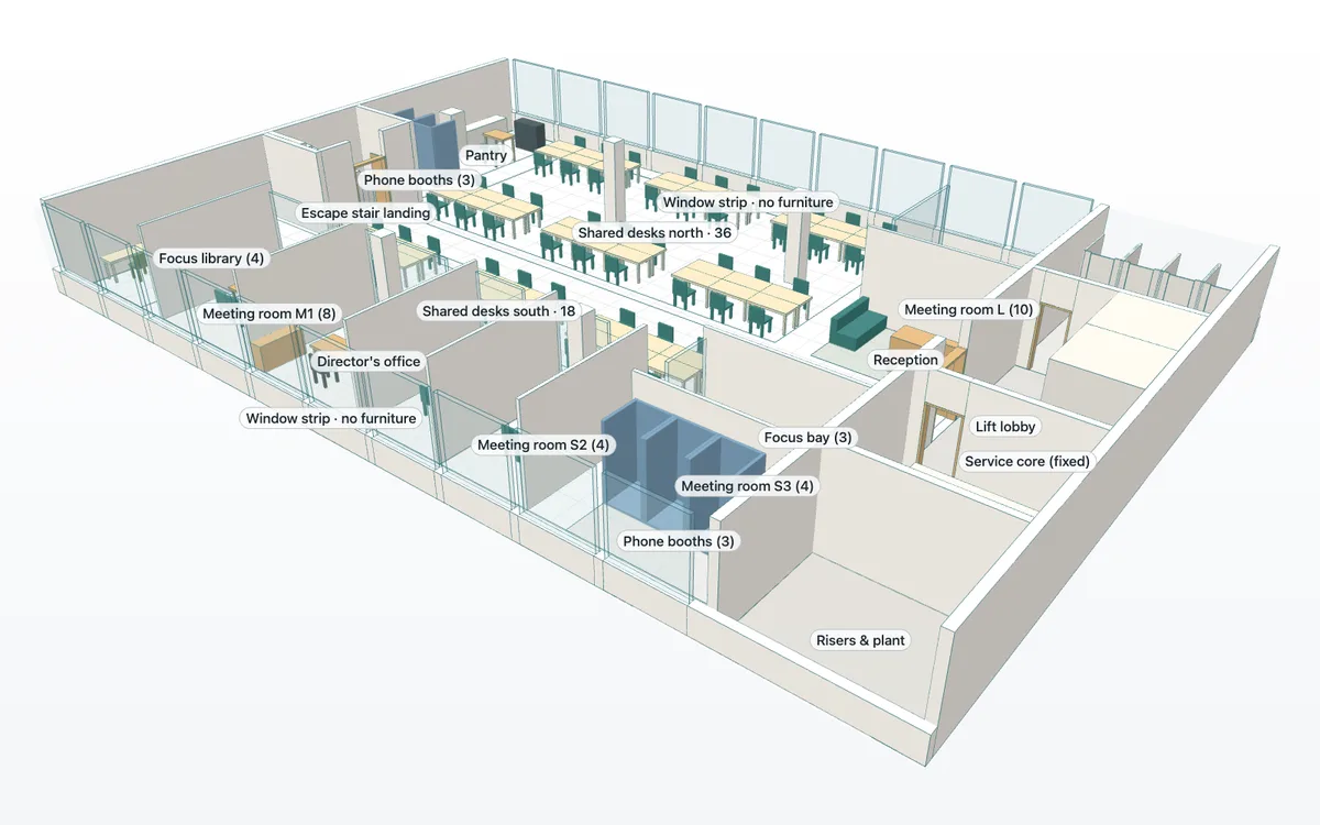 Actual Laydyne 3D view of the revised R02 office floor with room names