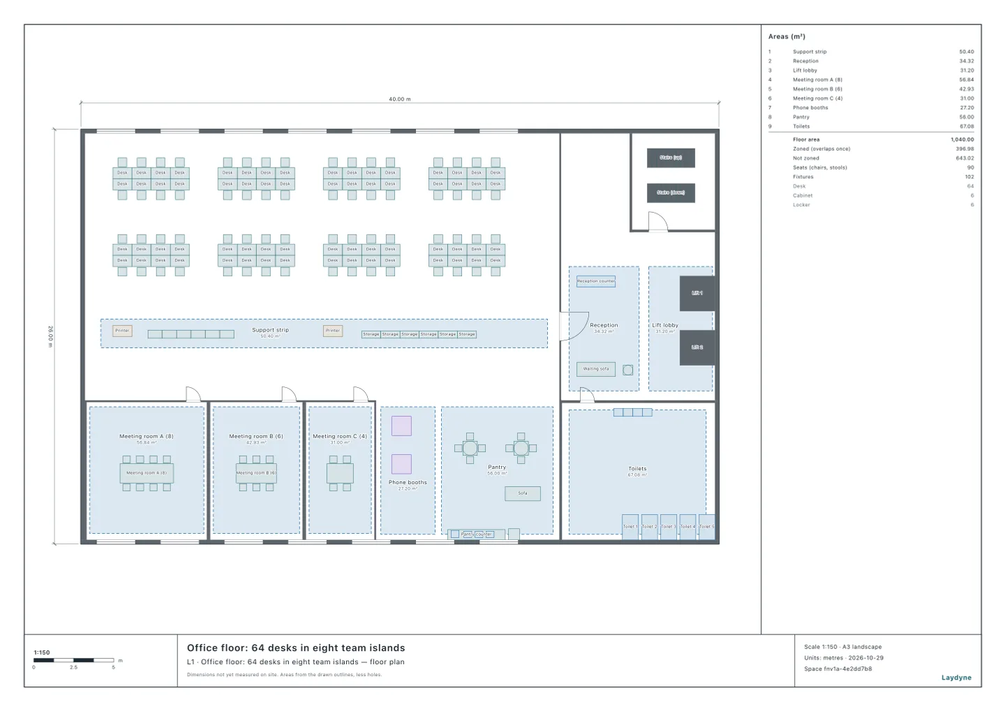 Plan of an office floor of 64 desks: eight islands of eight to the north, the printers and storage in the middle, three meeting rooms, phone booths, the pantry and the toilets to the south, the reception and the lifts to the east