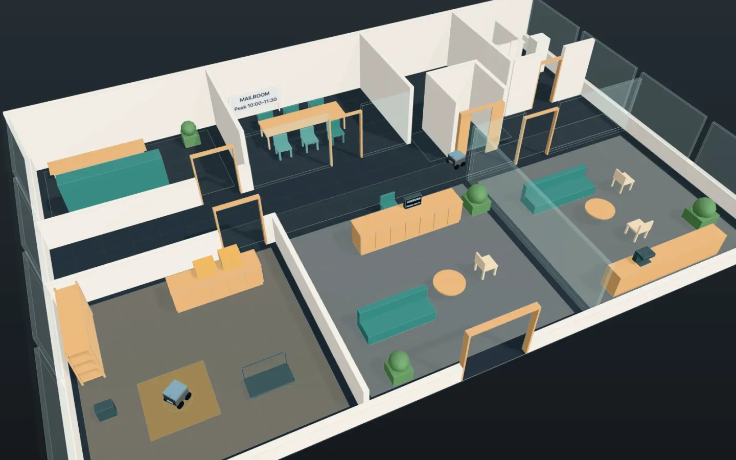 3D view of an office building’s ground floor, with the mailroom, the reception and waiting area, and delivery robots in the corridor and at their base