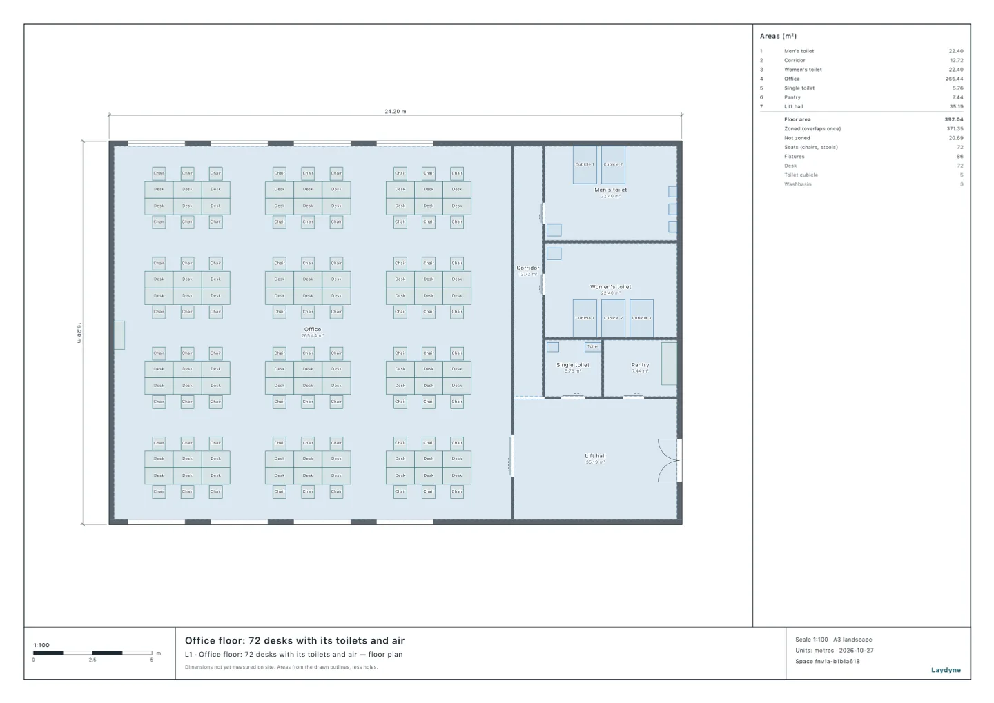 Plan of a 390 m² office floor: a 265 m² office of twelve six-desk islands on the west, and the core on the east with a corridor, a men's toilet with two cubicles and three urinals, a women's toilet with three cubicles, a single toilet for anyone, a pantry and the lift hall