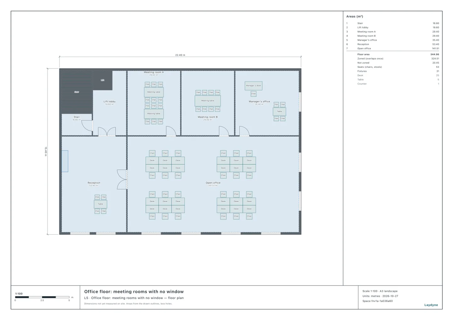 Plan of a 345 m² office floor on the 5th floor: the stair, the lift and its lobby, two meeting rooms with no window and the manager's office along the party wall on the north, reception and an open office of 24 desks with windows on the south and the east